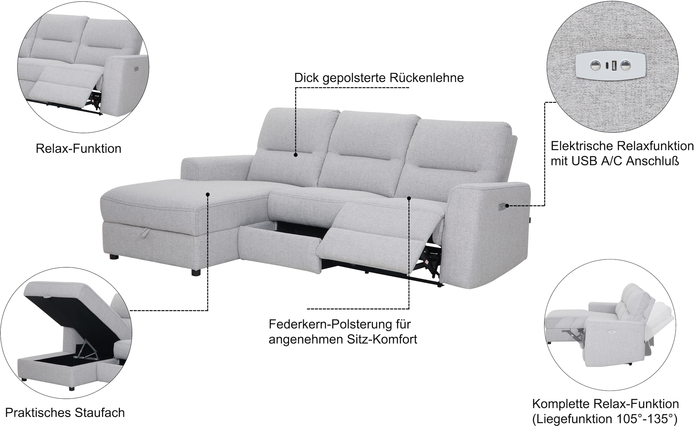 Home affaire Ecksofa »VENOIR, L-Form, 250 cm, manuelle u. elektrische Funktion (m. USB A/C)«, Stauraum unter der Recamiere, 2. Staufach, Federkern