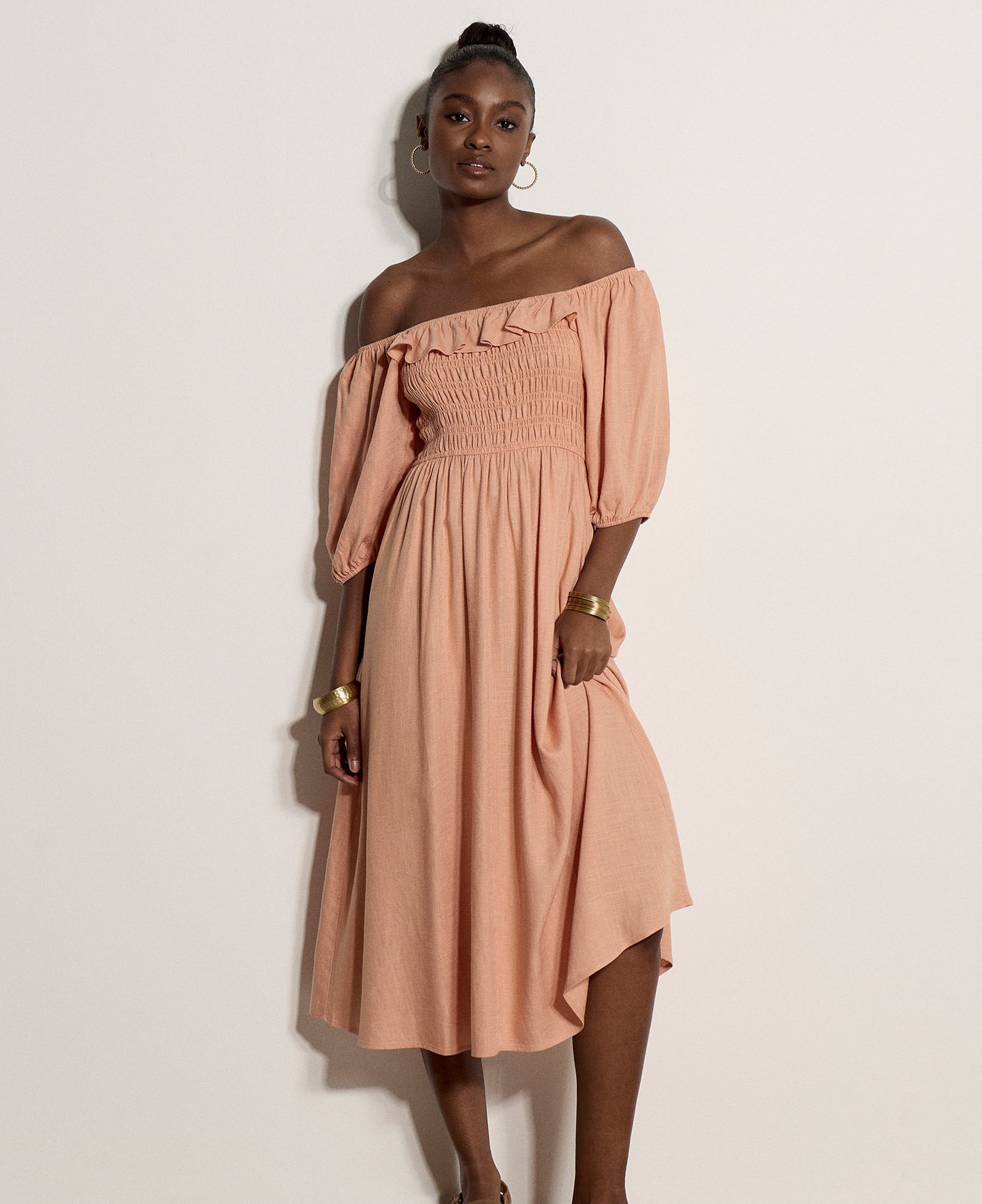 Apricot Maxikleid »Langes Kleid mit Bardot-Ausschnitt« mit Raffungen