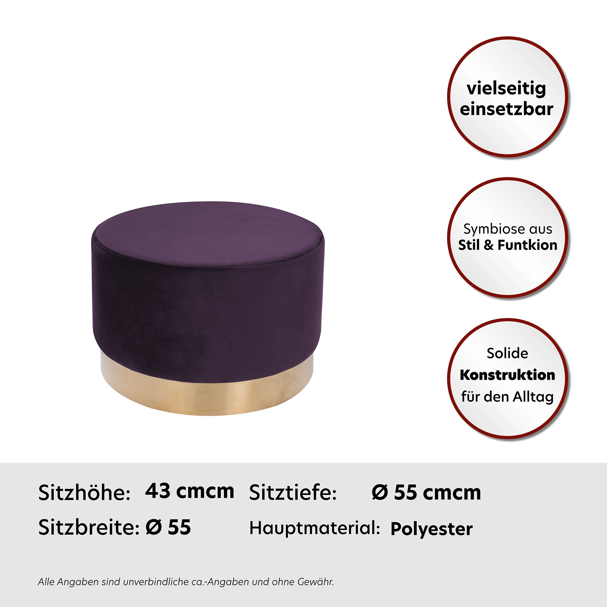 Kayoom Hocker »Nano 510, Hocker in stilvollem Design,weiche Schaumstoff-Sitzfläche« 1 Stk. tlg. Golz Akzente, mit pflegeleichtem Stoffbezug, große runde Form