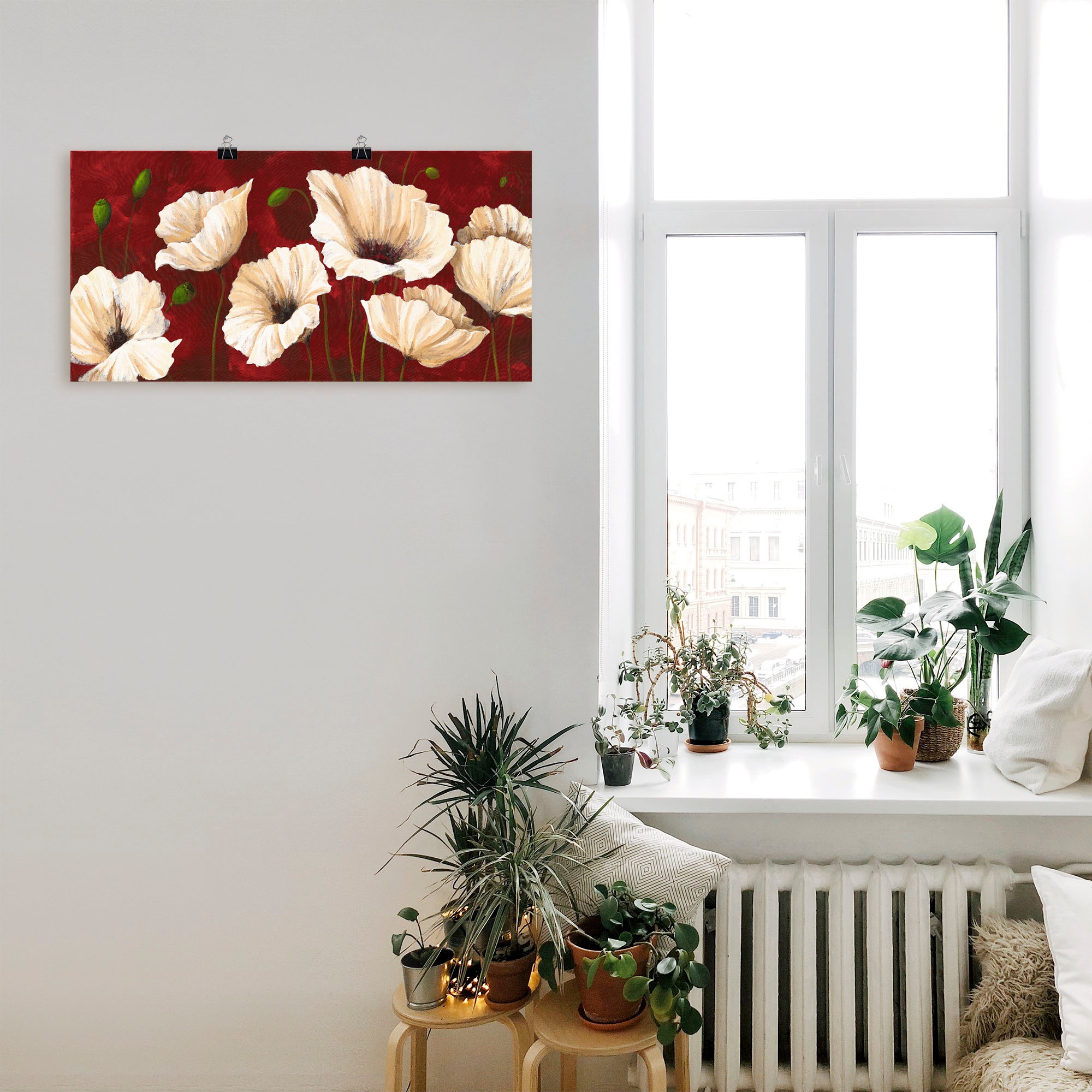 Artland Wandbild »Weiße Mohnblumen vor rot« Blumen 1 Stk. tlg. als Leinwandbild, Poster in verschied. Größen