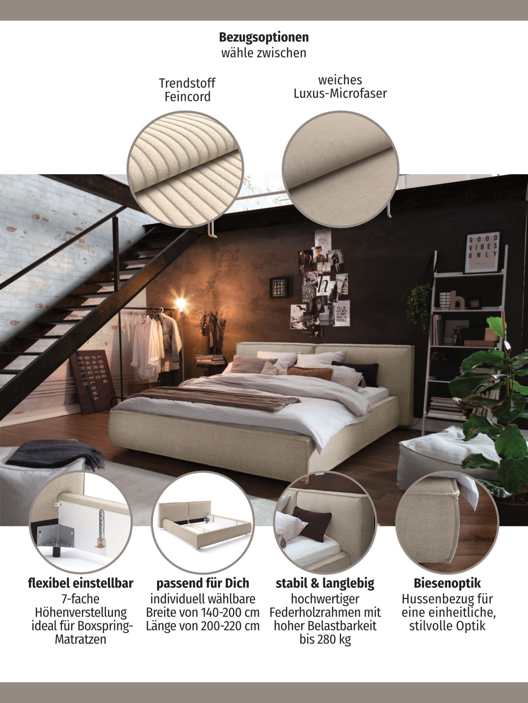 INOSIGN Polsterbett »Adrina mit Biesenoptik, Feincord und Luxus-Microfaser«, bis 280kg, auch in Überlänge 220 cm, 4 Breiten bis 200cm