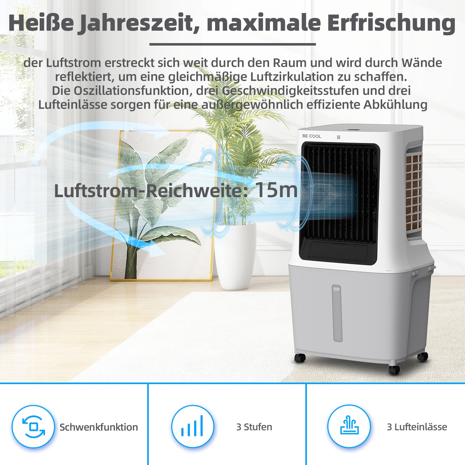 be cool Ventilatorkombigerät »Premium Luftkühler 40l mit Wifi und abnehmb. 30l Tank«, abnehmbarer Wassertank, Spezial Vortex Rotor, WiFi
