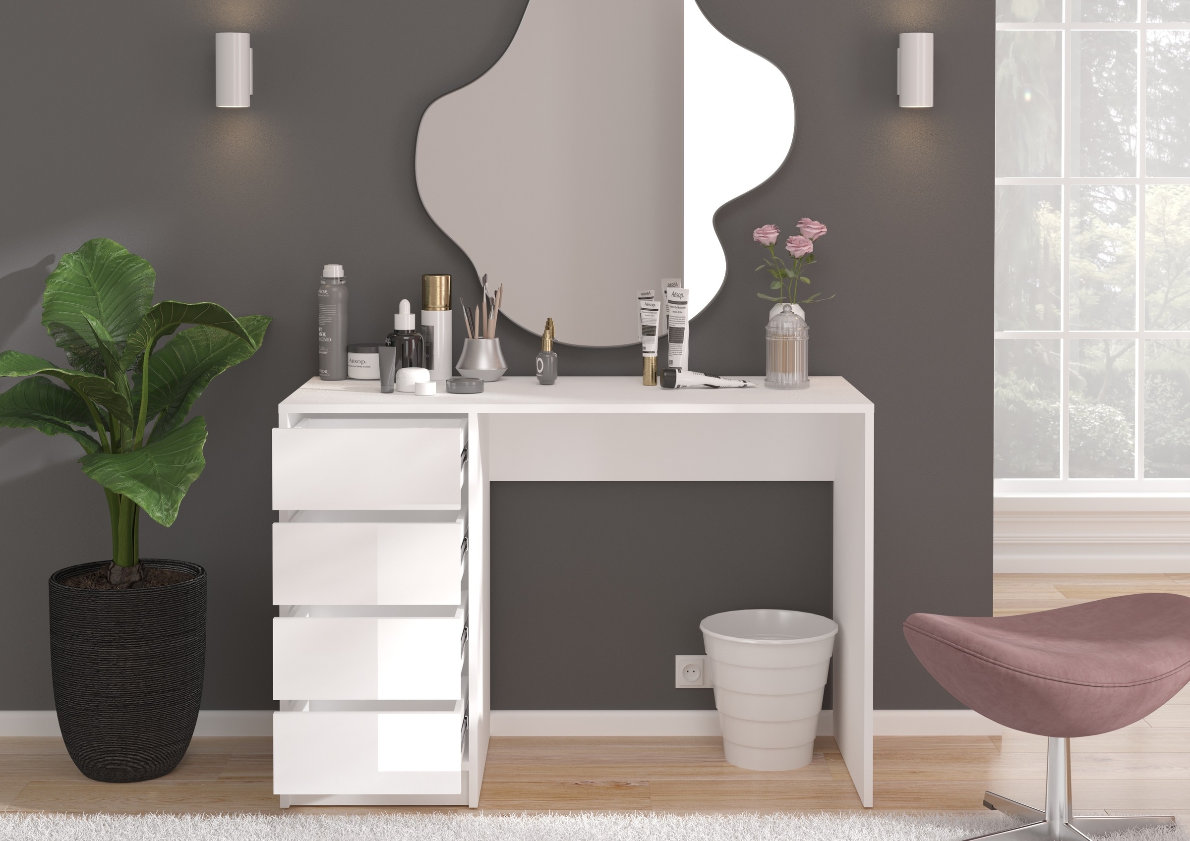INOSIGN Schreibtisch »Pisa, Breite 110 cm, 4 Schubkästen, hochglanz Schubkastenfront«, grifflose Optik, individuell einsetzbar, Schminktisch, Homeoffice