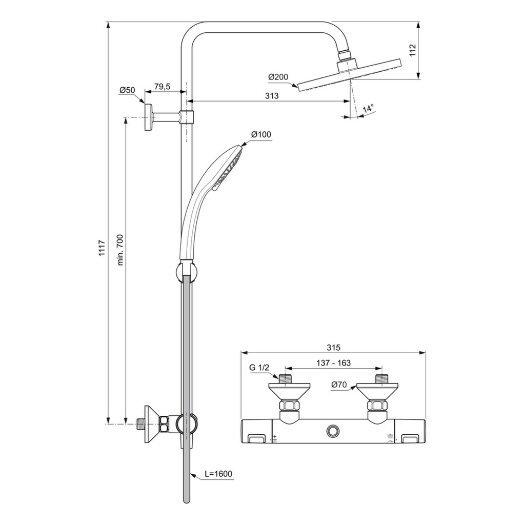 Ideal Standard Duschsystem »Ceratherm T25«, (Set, 5 tlg.), Handbrause mit 3 Strahlarten, Wandbefestigungen verstellbar