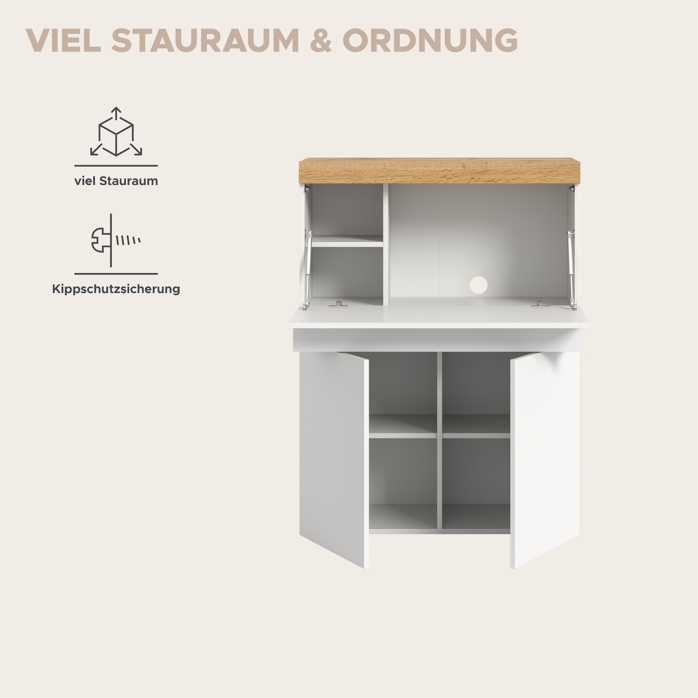 OTTO home Sekretär »MAMBO, Höhe 122cm, Home-Office-Schreibtisch, PC-Schrank« 2 Türen, 1Klappe, 7 Fächer, 1 Schubkasten, 3 höhenverstellbare Böden,  Multifunktional mit viel Stauraum, klappbare Tischfläche