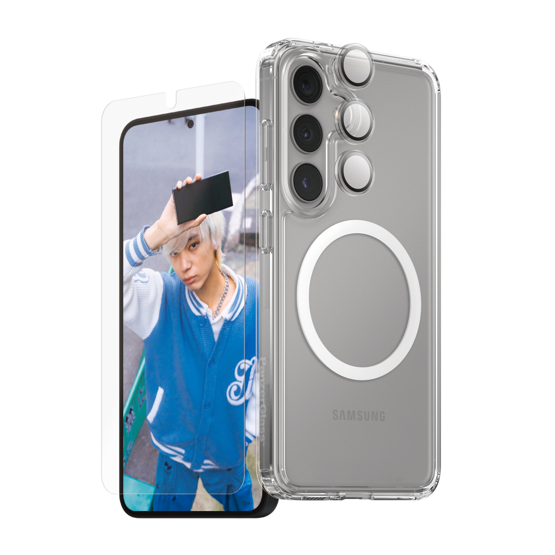 CARE by PanzerGlass Displayschutzglas »3-in-1 Protection Set«, für Samsung Galaxy S25+, Displayschutzfolie, Schutzfolie, Bildschirmschutz, kratz- & stoßfest