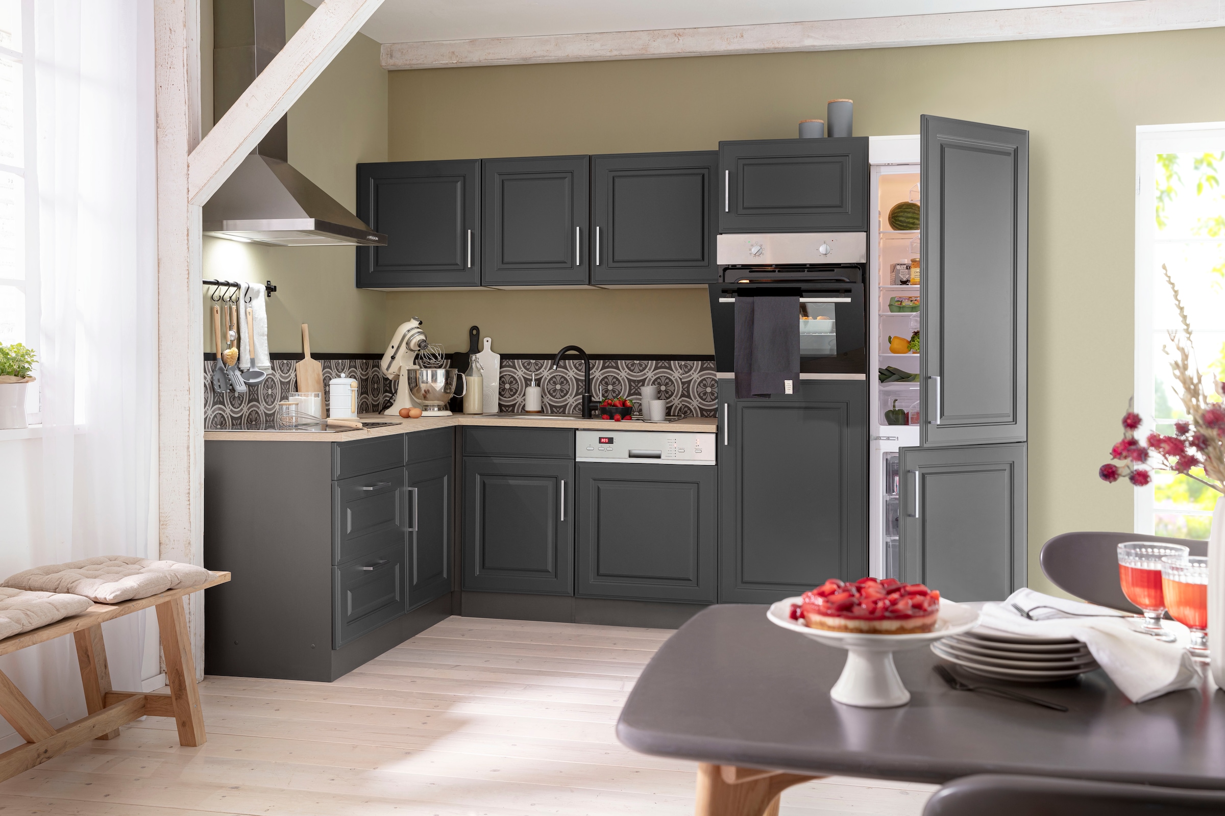 KOCHSTATION Winkelküche »KS-Stockholm« Stellbreite 290/170 cm, mit hochwertigen MDF Fronten im Landhaus-Stil