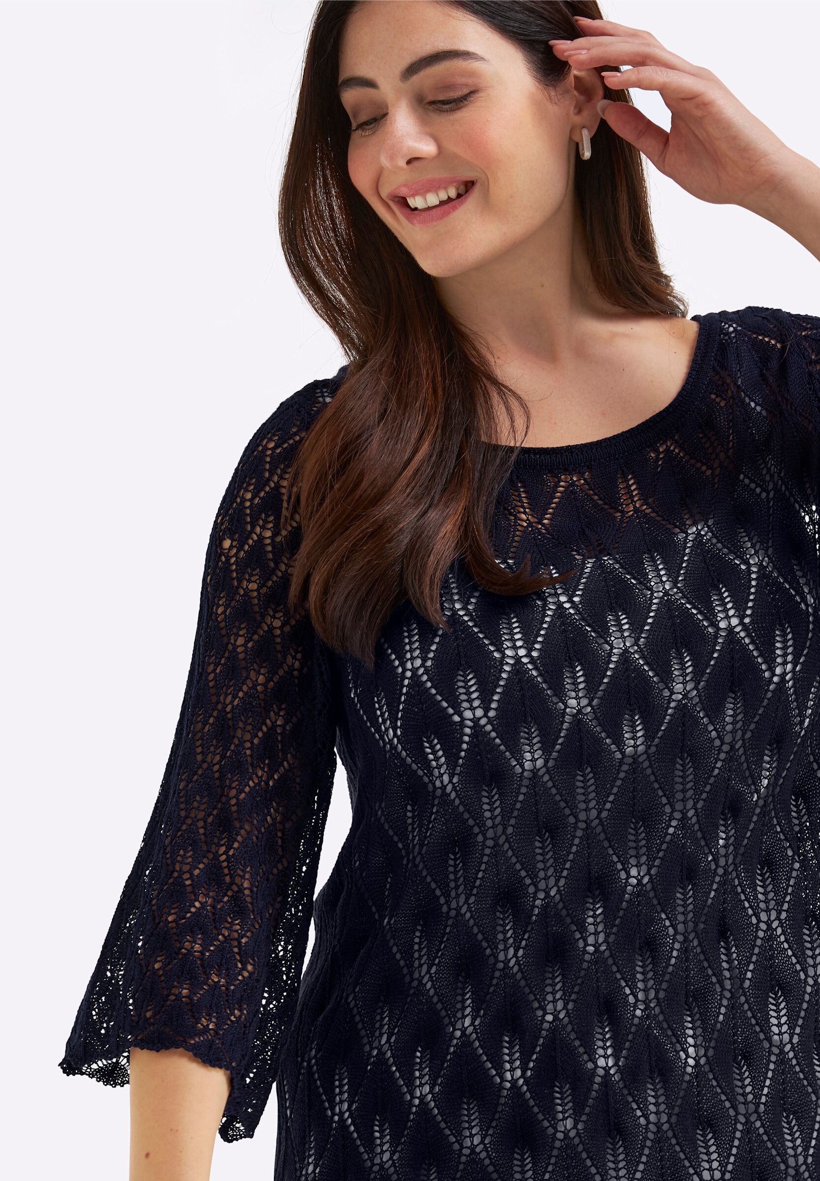Sheego Longpullover »3/4-Arm-Pullover Ajourpullover mit 3/4-Trompetenärmeln«