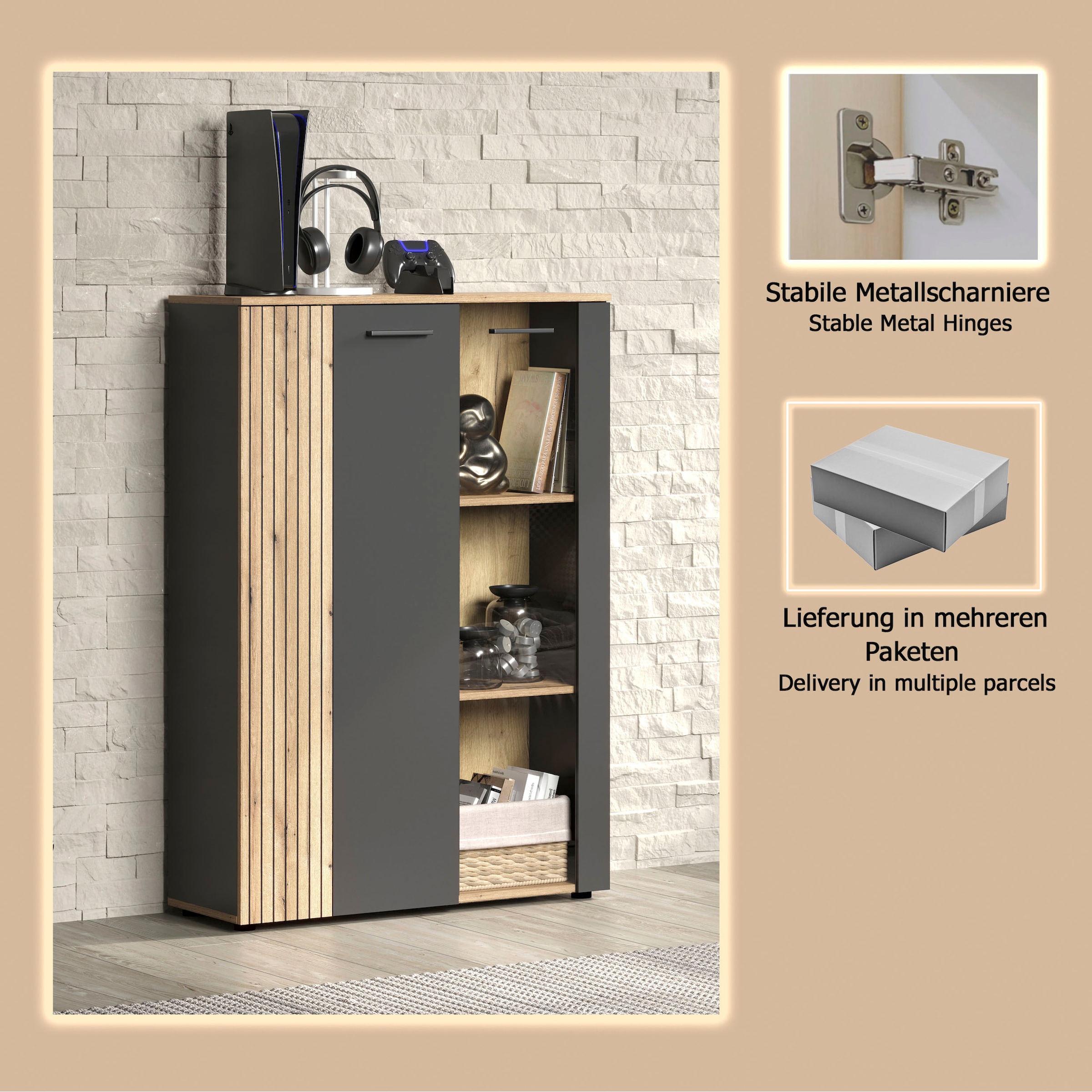 INOSIGN Highboard »Estepona« 1 Stk. tlg. Vitrine, Tür mit Rillen-Optik, Breite 91 cm