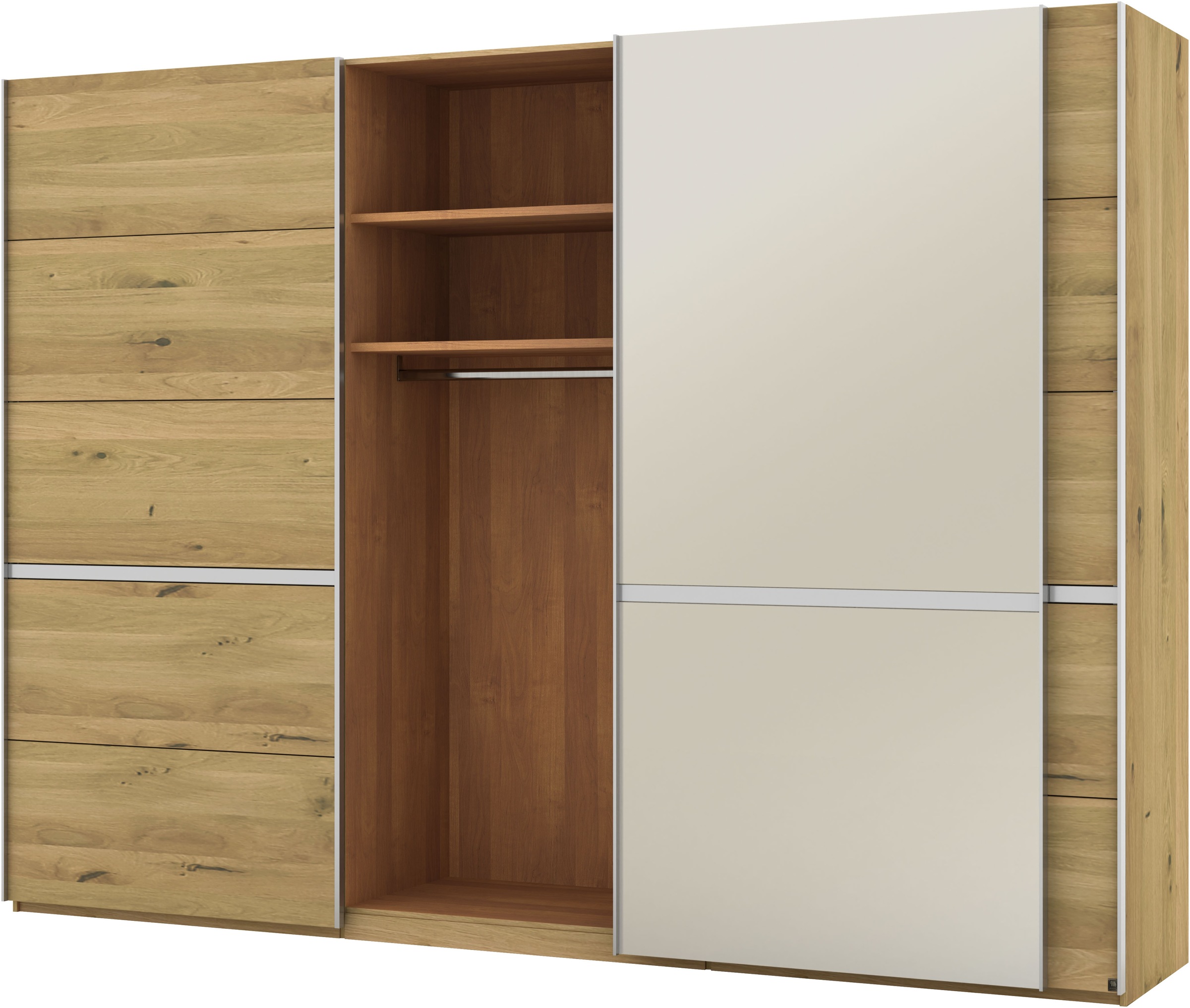 Musterring Schwebetürenschrank »Savona, Kleiderschrank, Schrank, Garderobe, mit Schiebetüren«, (Teilmassiv Bianco-Eiche, mit Spiegel oder Glas, MADE IN GERMANY), Türen Bianco-Eiche massiv, Spiegel-/Glastüren, eingelegte Chromleiste