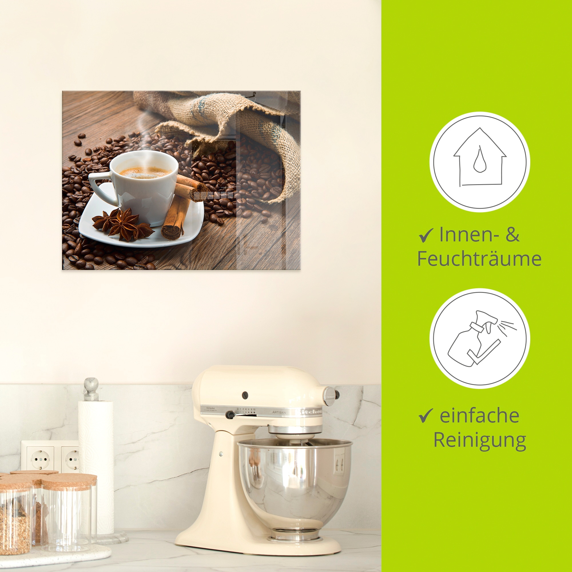Artland Glasbild »Kaffeetasse Leinensack mit Kaffeebohnen«, Getränke, (1 St.), in verschiedenen Größen