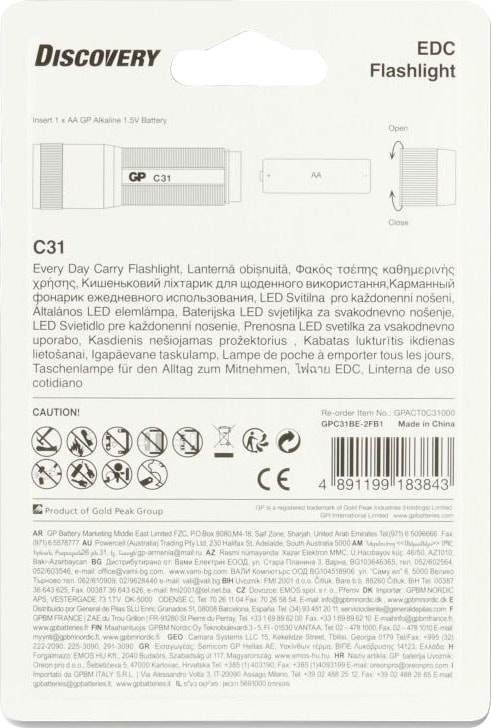 GP Batteries Taschenlampe »GP Discovery C31, CRE LED GP«, 85 Lumen, inkl. 1x AA Batterie, Metallgehäuse, IPX4, Leuchtzeit 2h