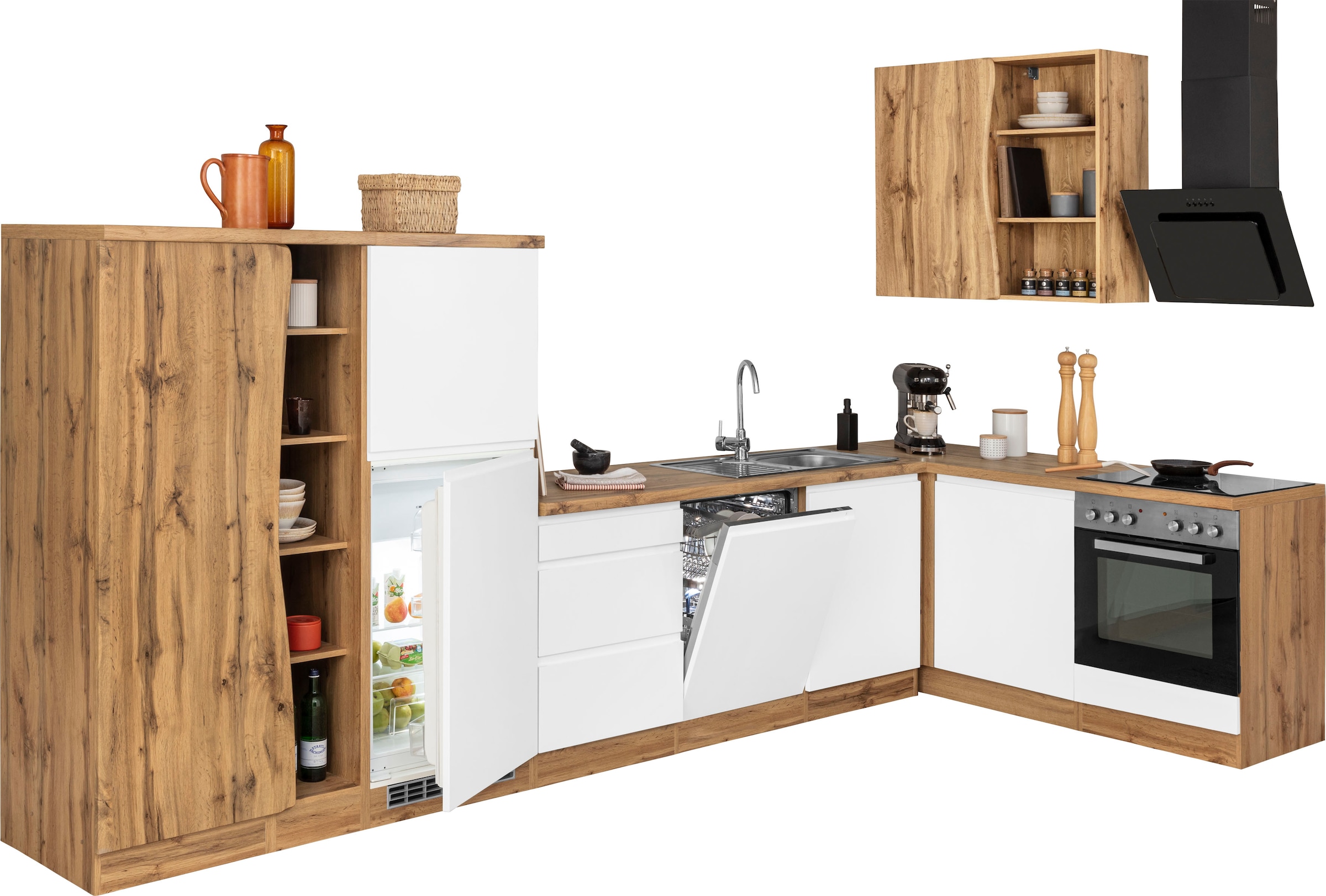 KOCHSTATION Winkelküche »KS-Bruneck«, Stellbreite 380/180 cm breit, wahlweise mit oder ohne E-Geräte, MDF
