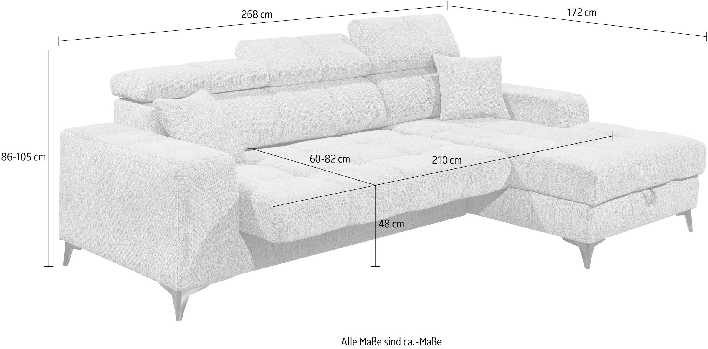 ED EXCITING DESIGN Ecksofa »Sydney L-Form mit Bettfunktion, Bettkasten, Kopfteilverstellung« motorischer Sitztiefenverstellung, USB-Port & 2 Zierkissen