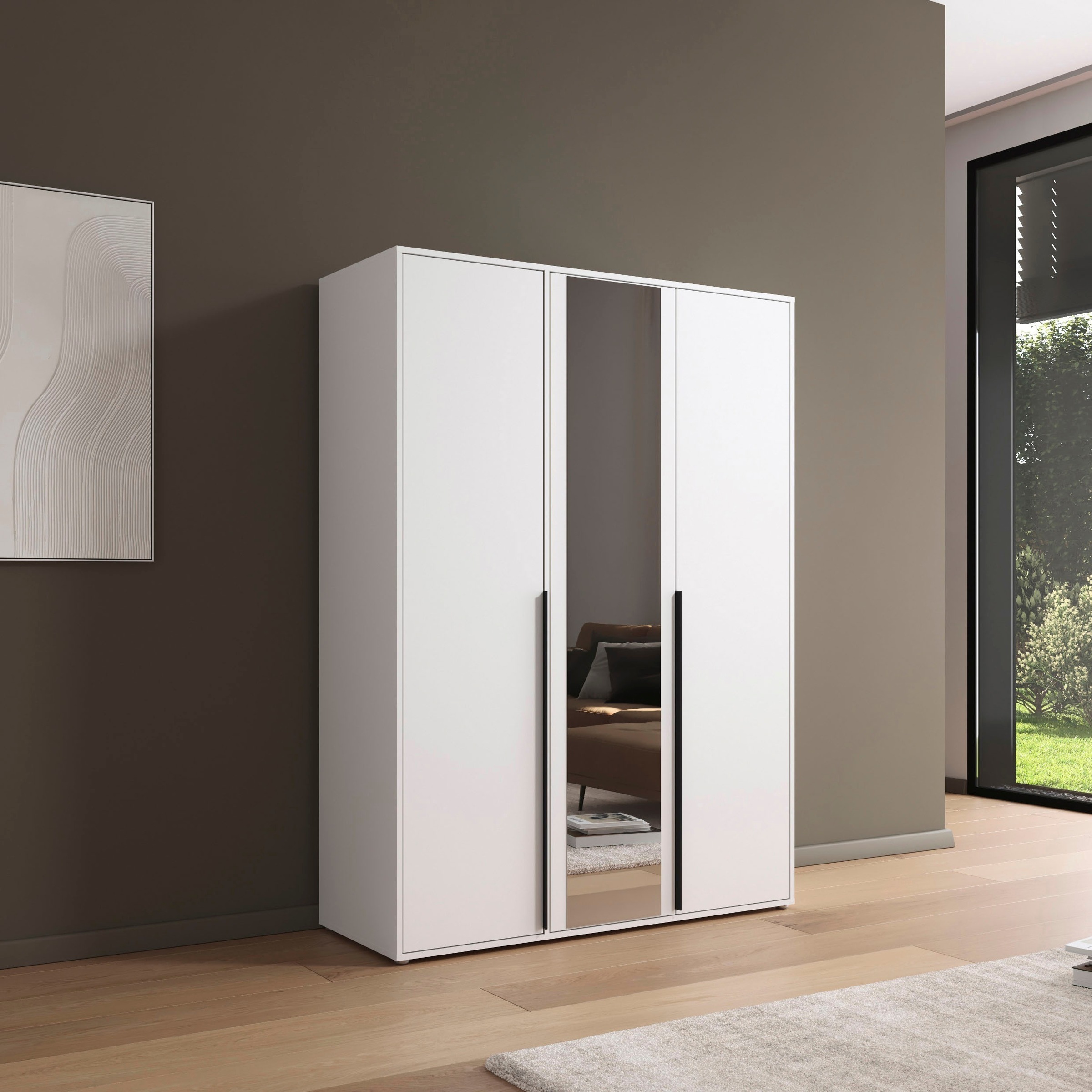 rauch Drehtürenschrank »Kleiderschrank Schrank Garderobe Wäscheschrank NAGATA mit Spiegel«, (in 3 verschiedenen Ausstattungen BASIC/CLASSIC/PREMIUM), und modernen Stangengriffen in Graumetallic TOPSELLER MADE IN GERMANY