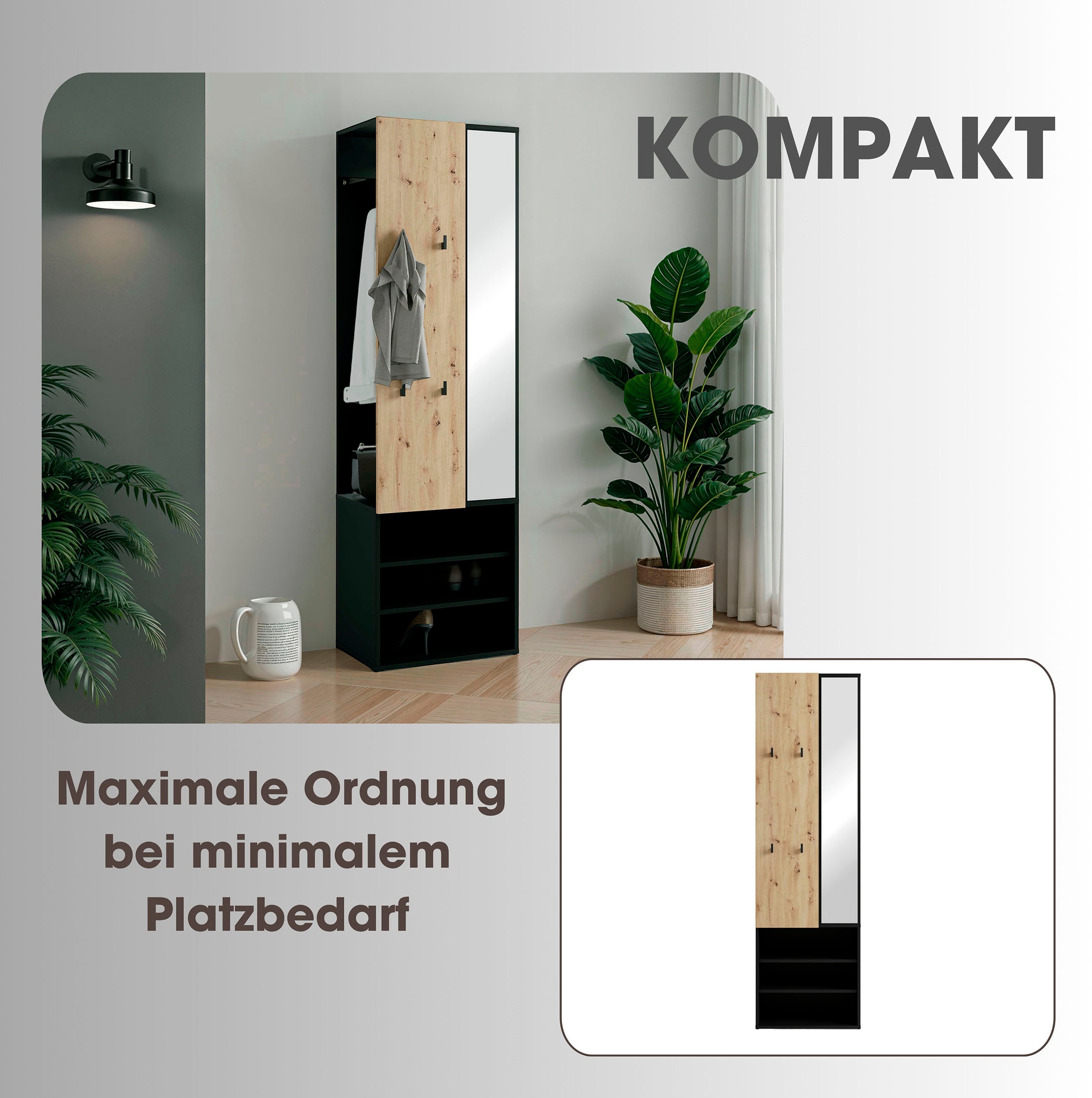 byLIVING Kompaktgarderobe »Dielen - Set Andorra« 1 Stk. tlg. maximale Ordnung auf wenig Fläche mit Spiegel, Kleiderstange und Haken