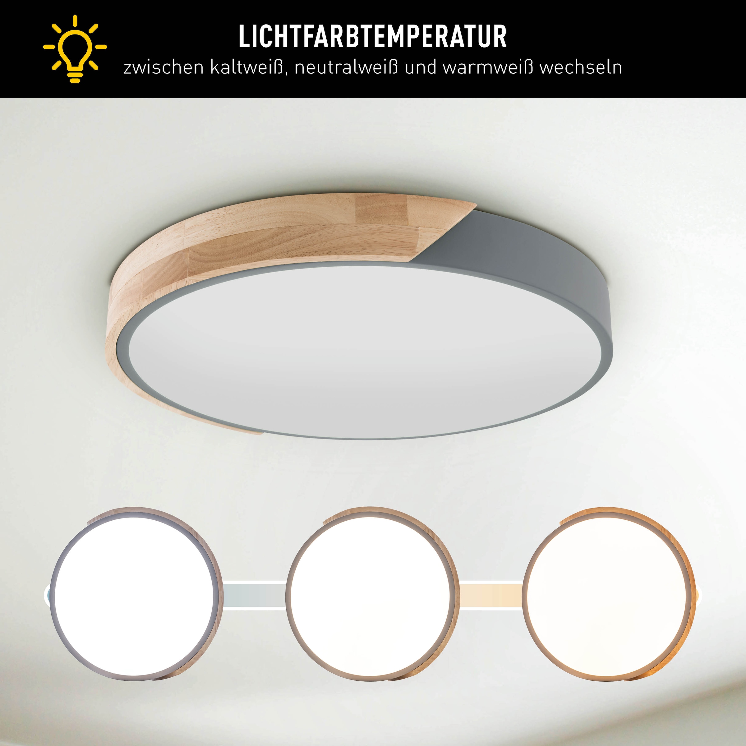 näve LED Deckenleuchte »Borneo« LED-Modul 1 Stk. warmweiß - kaltweiß Dimmbar per Fernbedienung (inkl.), CCT, Memory, Nachtlicht, Holzrand