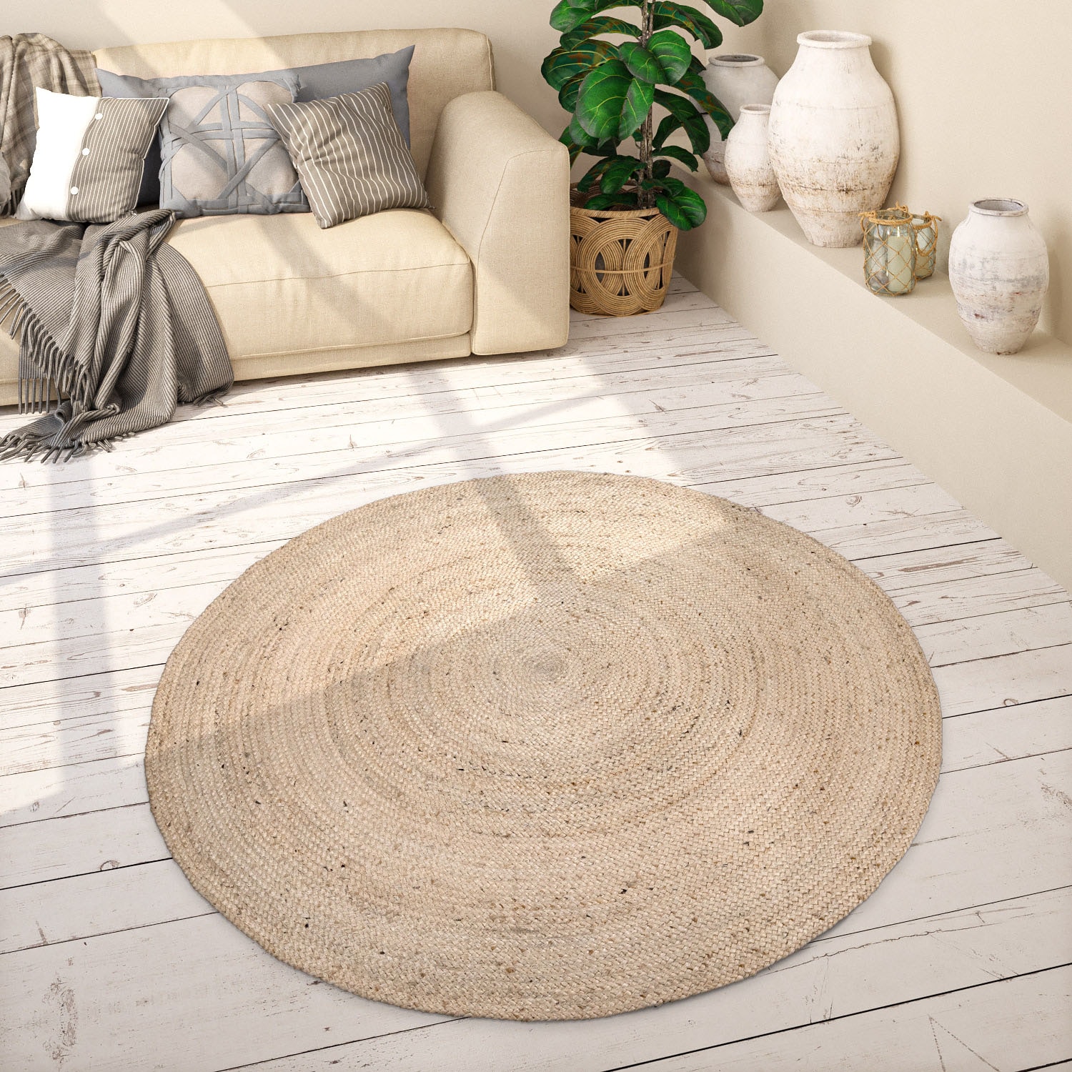 Paco Home Teppich »Viborg 595«, rund, 13 mm Höhe, Jute, Modern, Boho, Handgefertigter Natur-Teppich