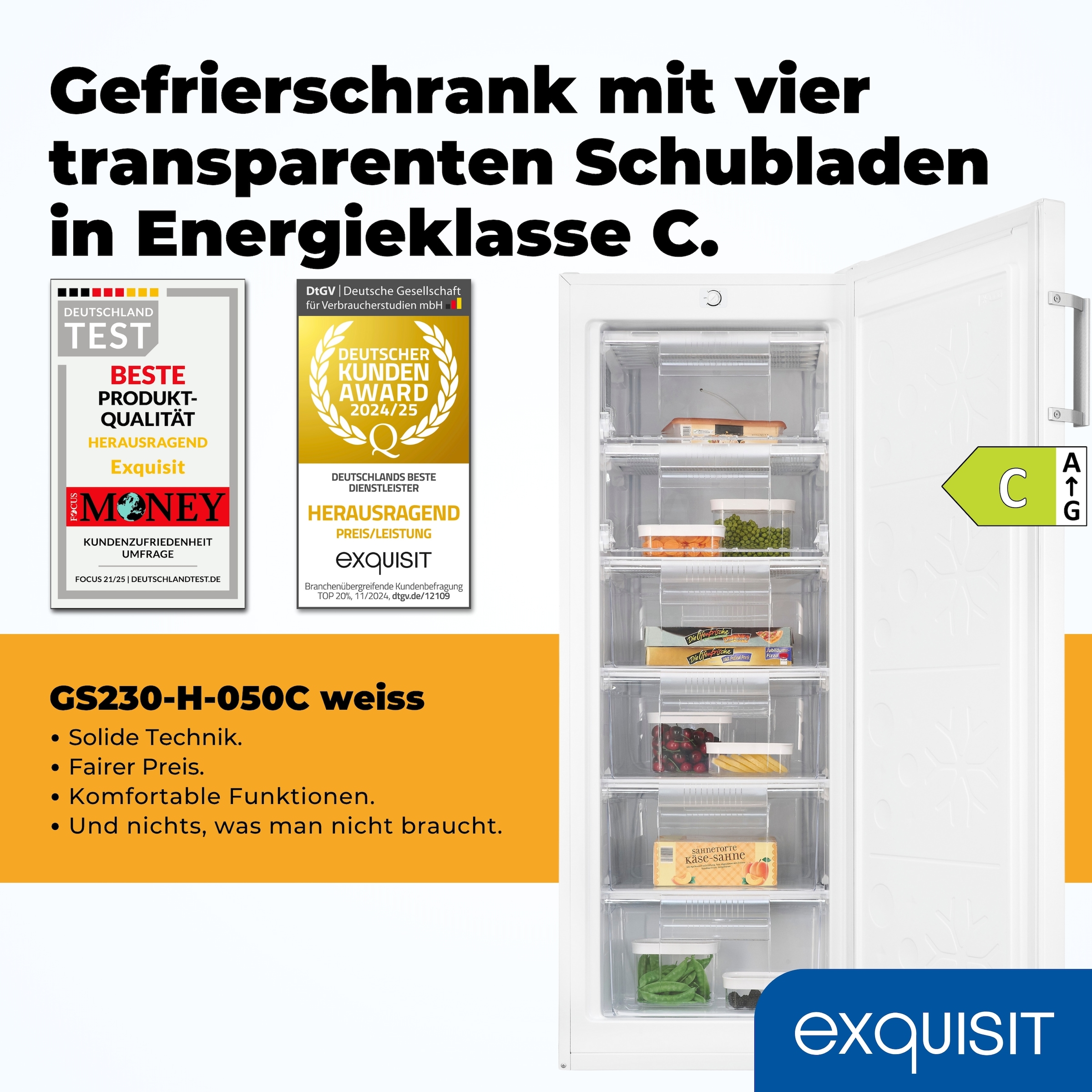 exquisit Gefrierschrank »GS230-H-050C weiss« 144 cm hoch 54 cm breit Perfekt für Ihre Küche: flexibel, praktisch & klar strukturiert