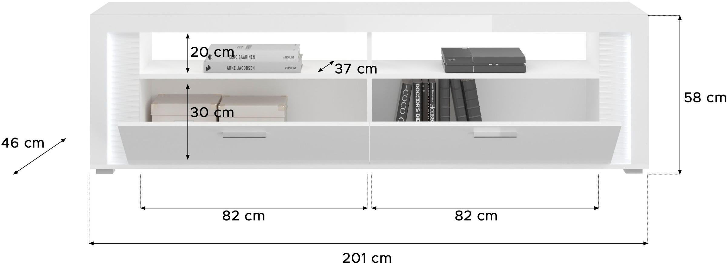 INOSIGN Lowboard »Viborg, Breite 201 cm, inkl. vertikaler Frontbeleuchtung, 2 Klappen«, je 2 offene & geschlossene Fächer, TV-Möbel, TV-Schrank, TV-Lowboard