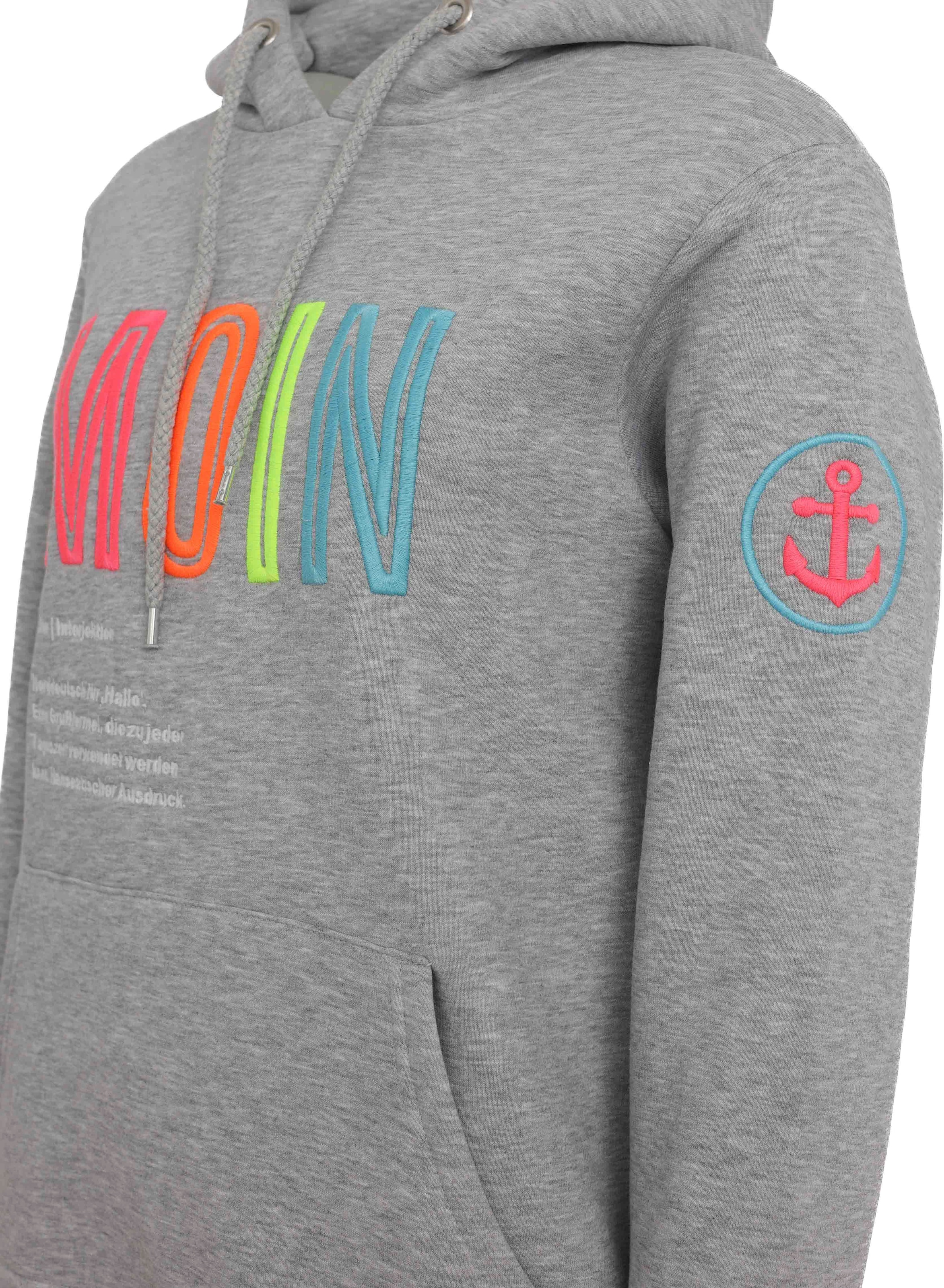Zwillingsherz Sweat-Hoodie, mit aufgesticktem "MOIN"-Schriftzug in Neonfarben