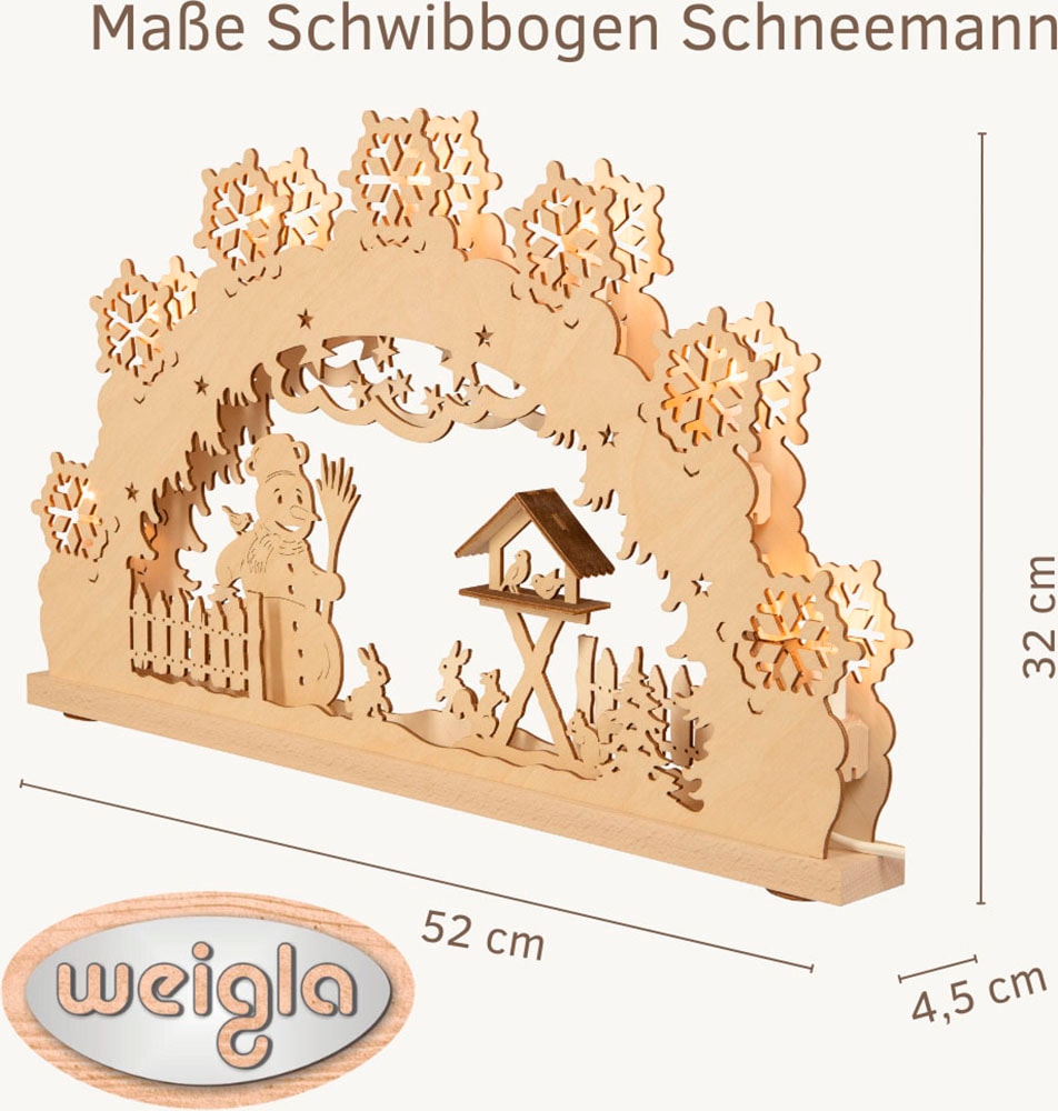 Weigla Schwibbogen »Schneemann, Lichterbogen aus Holz NATUR-BRAUN«, Erzgebirge garantiert, Weihnachtsdeko Innen, Weihnachtsbeleuchtung