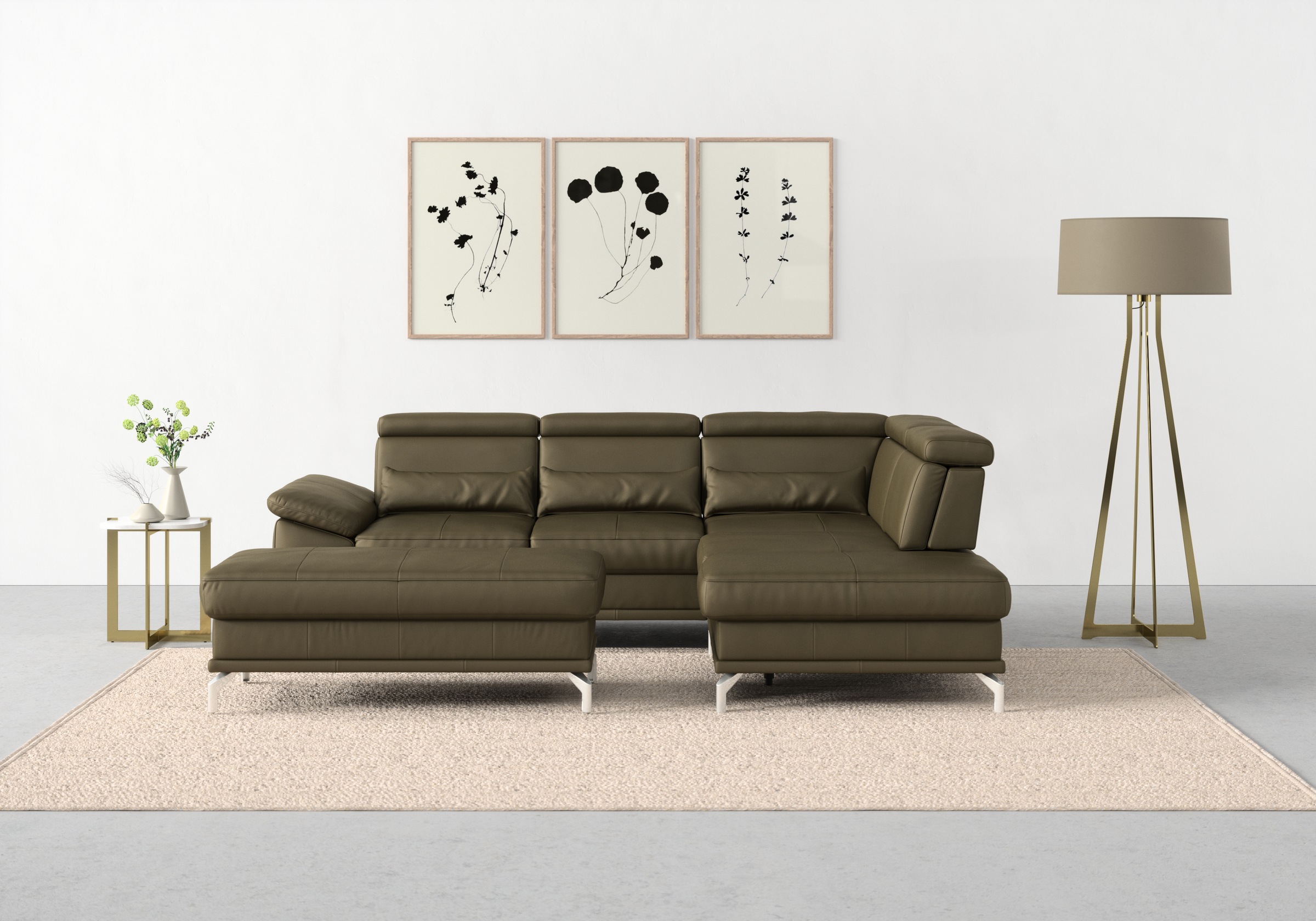 sit&more Ecksofa »Cabrio L-Form, B: 274 cm, mit Sitztiefen-, Arm- & Kopfteilverstellung«, 3 Nierenkissen, Federkern, optional Bettfunktion und Stauraum