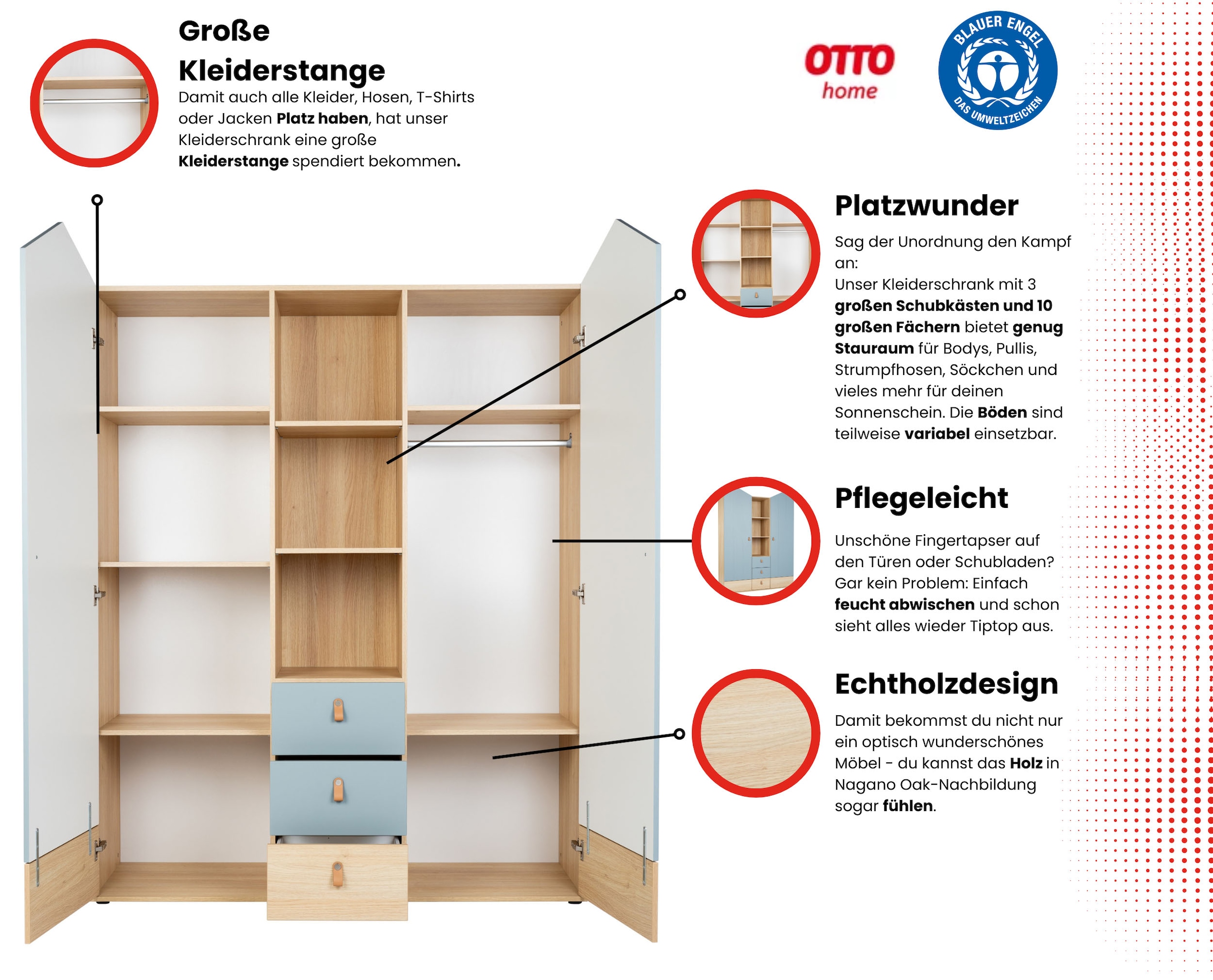 OTTO home Kleiderschrank »Hennix skandinavisches Spitzdach-Design mit Soft-Close, viel Stauraum« H/B/T ca. 200/150/51cm,  3 Schubladen, Made in Germany, variable Einlegeböden