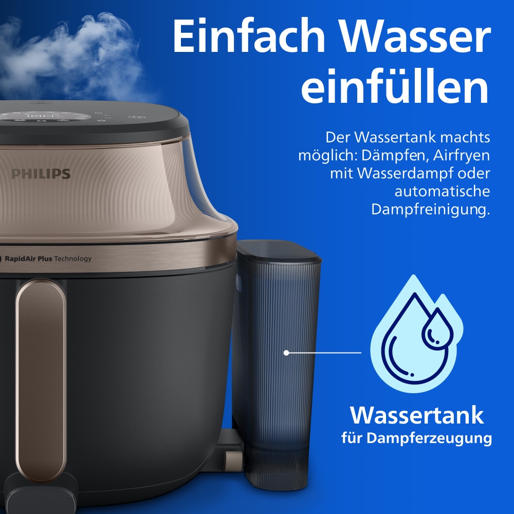 Philips Heißluftfritteuse »NA547/07 Steam Airfryer 5000 Series mit EasySlide, 7,2L Kapazität« 2000 W mit Dampfgarfunktion u. RapidAir Plus Technologie; Schwarz/Gold