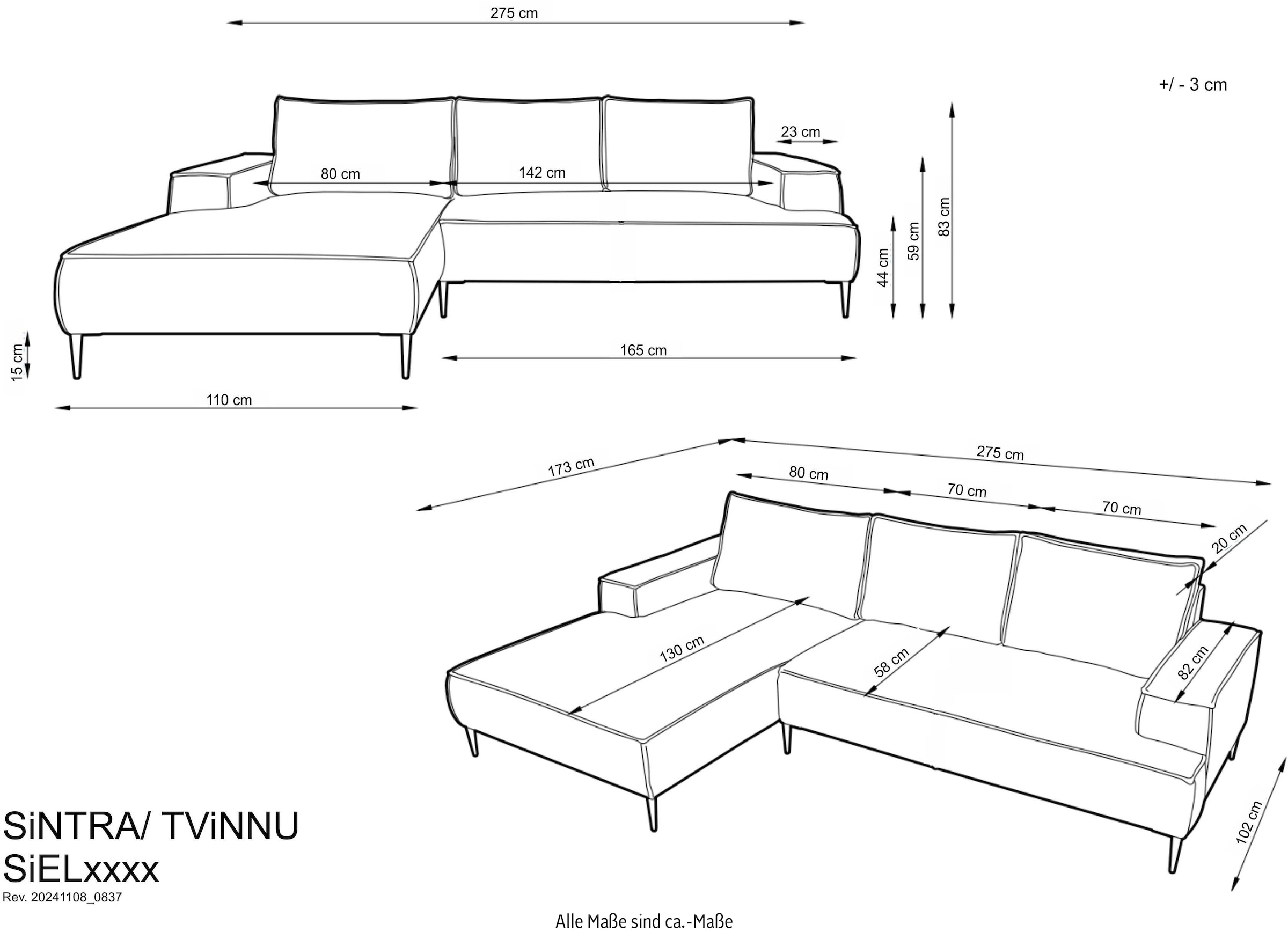andas Ecksofa »TVINNU, L-Form in Cord, Sofa«, wahlweise Recamiere rechts/links, schwarze Füße, bequemer Sitzkomfort