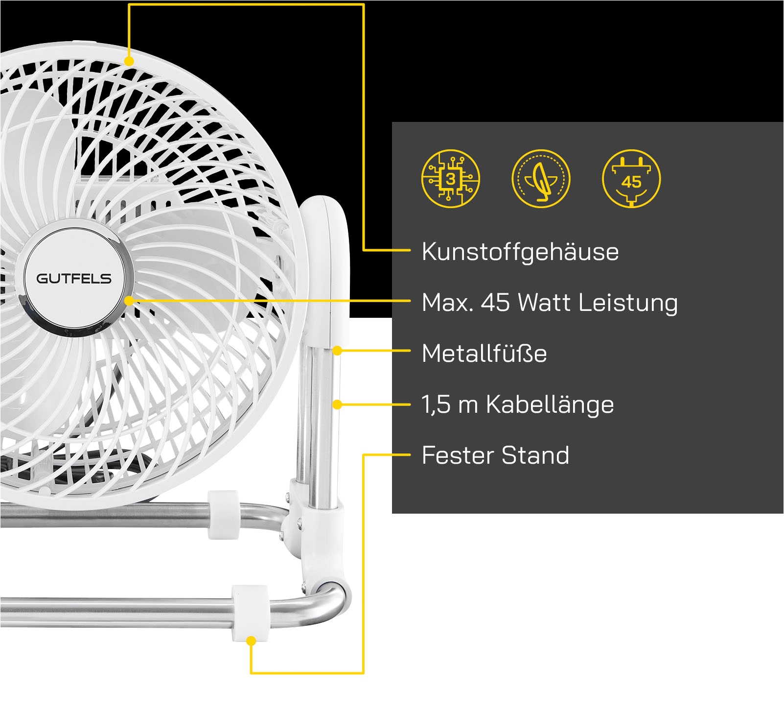 Gutfels Tischventilator »VT 33565 we«, inkl. Oszillation, 45 W Leistung, geräuscharm