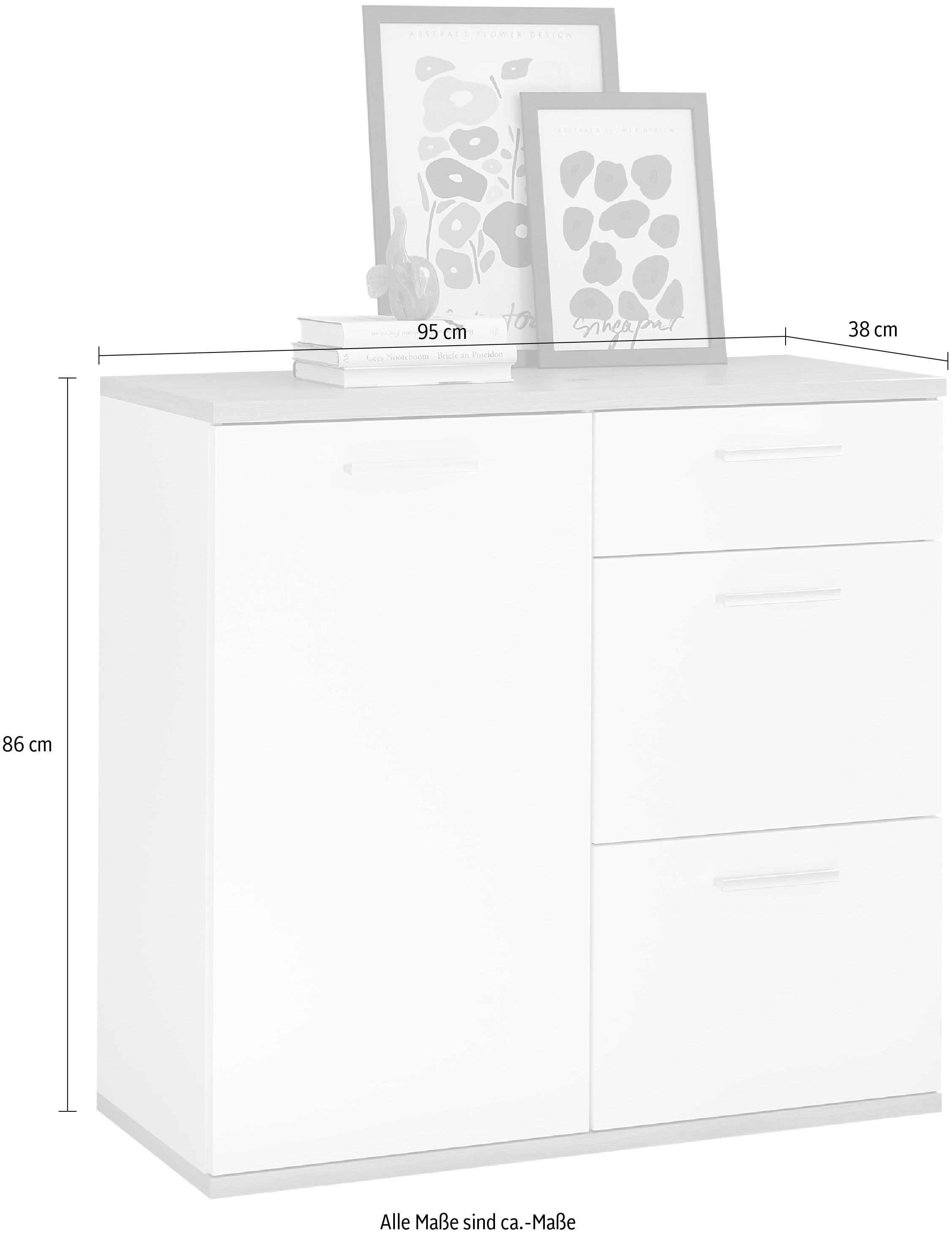 HBZ Kommode »BC1035 weiß matt, BxHxT 95x86x38 cm« Kommode mit 1 Tür, 3 Schubkästen, 1 Einlegeboden