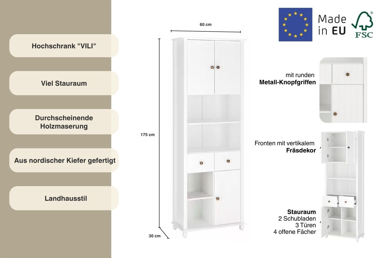Home affaire Hochschrank »Vili« Badezimmerschrank, Höhe 175 cm, 2 Schubladen, 3 Türen, aus Massivholz
