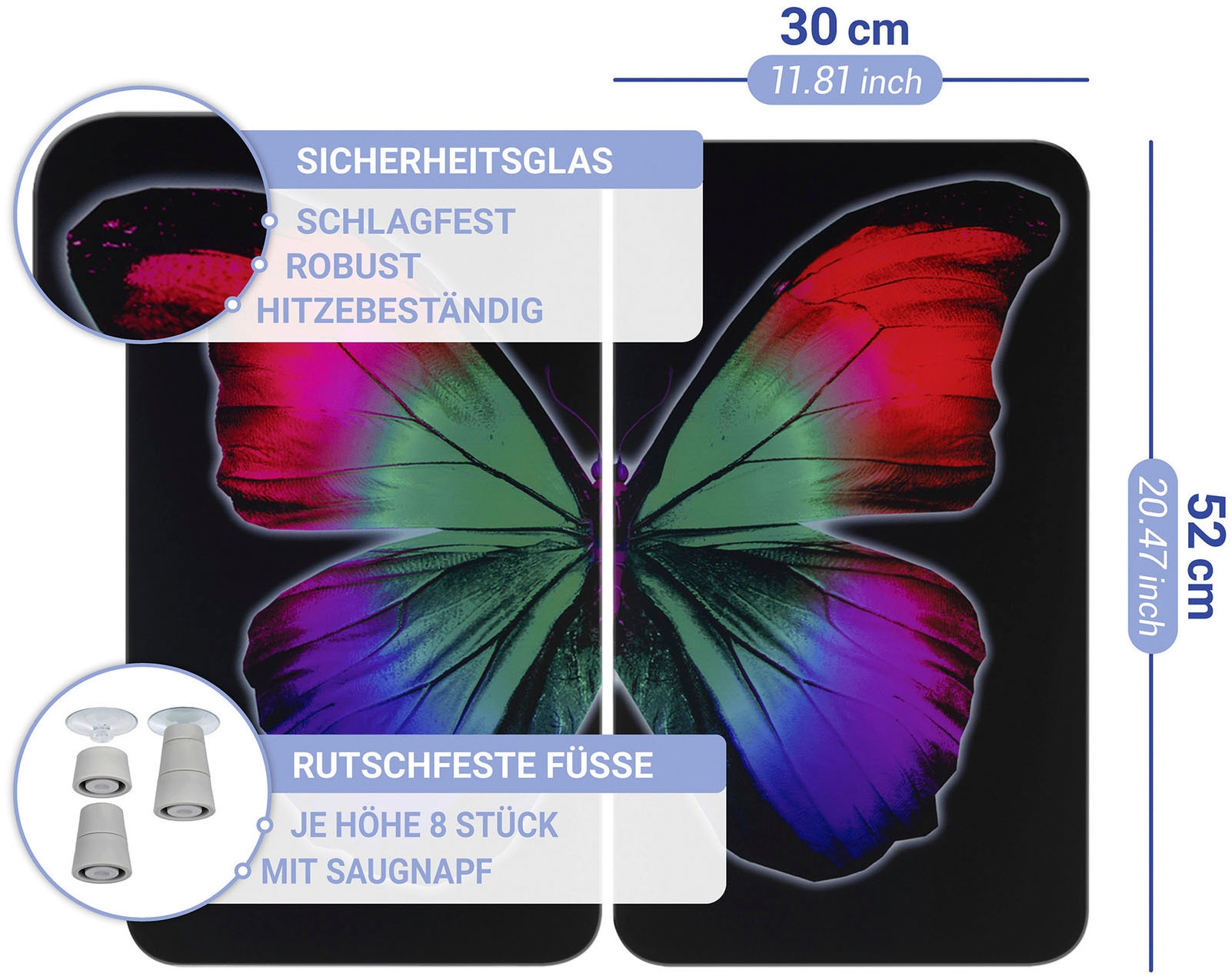 WENKO Herd-Abdeckplatte »Universal Modell Butterfly by Night«, (Set, 2 tlg.), Herdabdeckung für alle Herdarten, kratzfest, mit rutschfesten Füßen