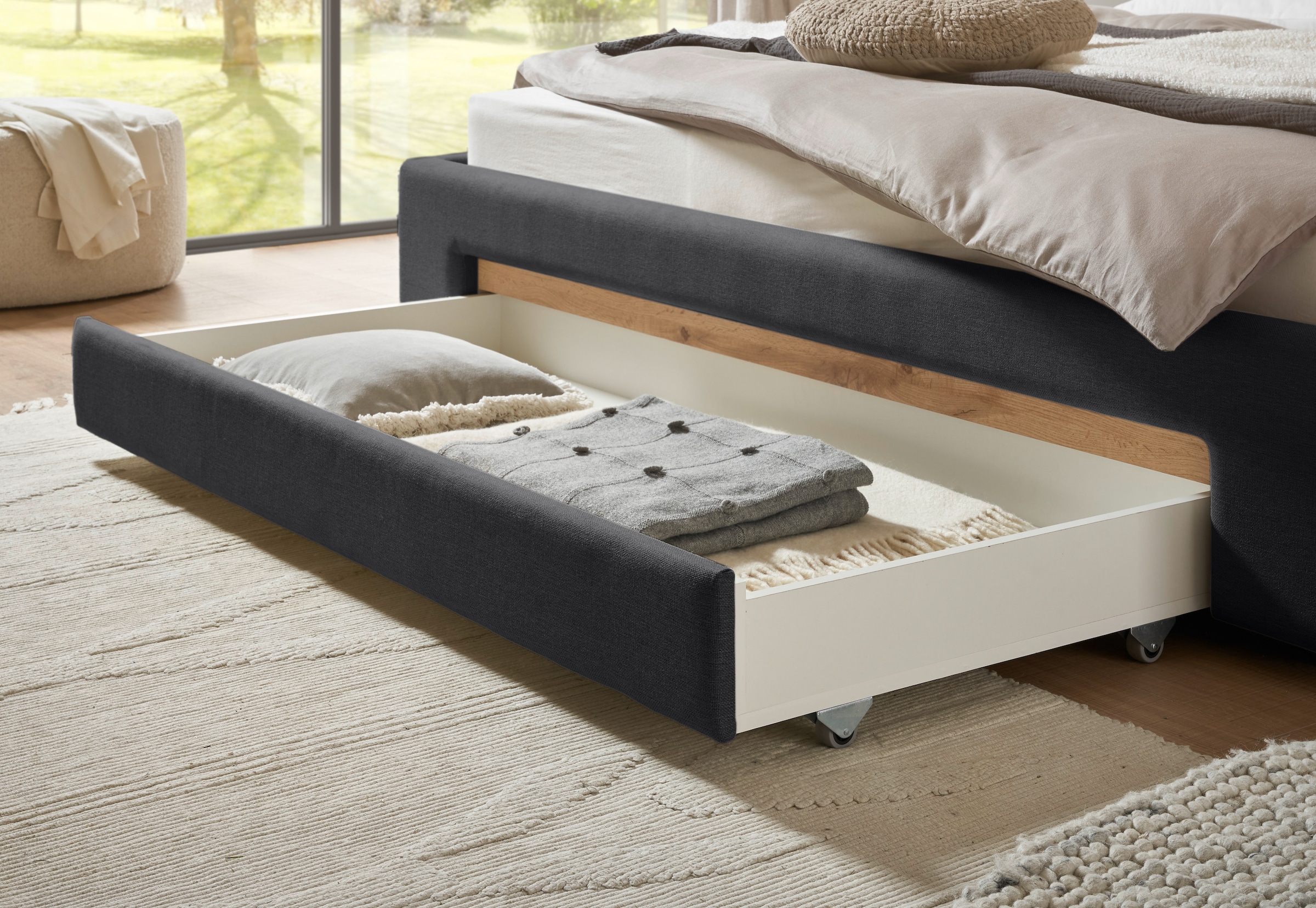 INOSIGN Polsterbett »CiTY/GiRON, Bettgestell mit Bettkasten, gepolstertes Stauraumbett«, mit Hundebett oder Stauraumschublade, Bezug Cord-oder Leinenoptik