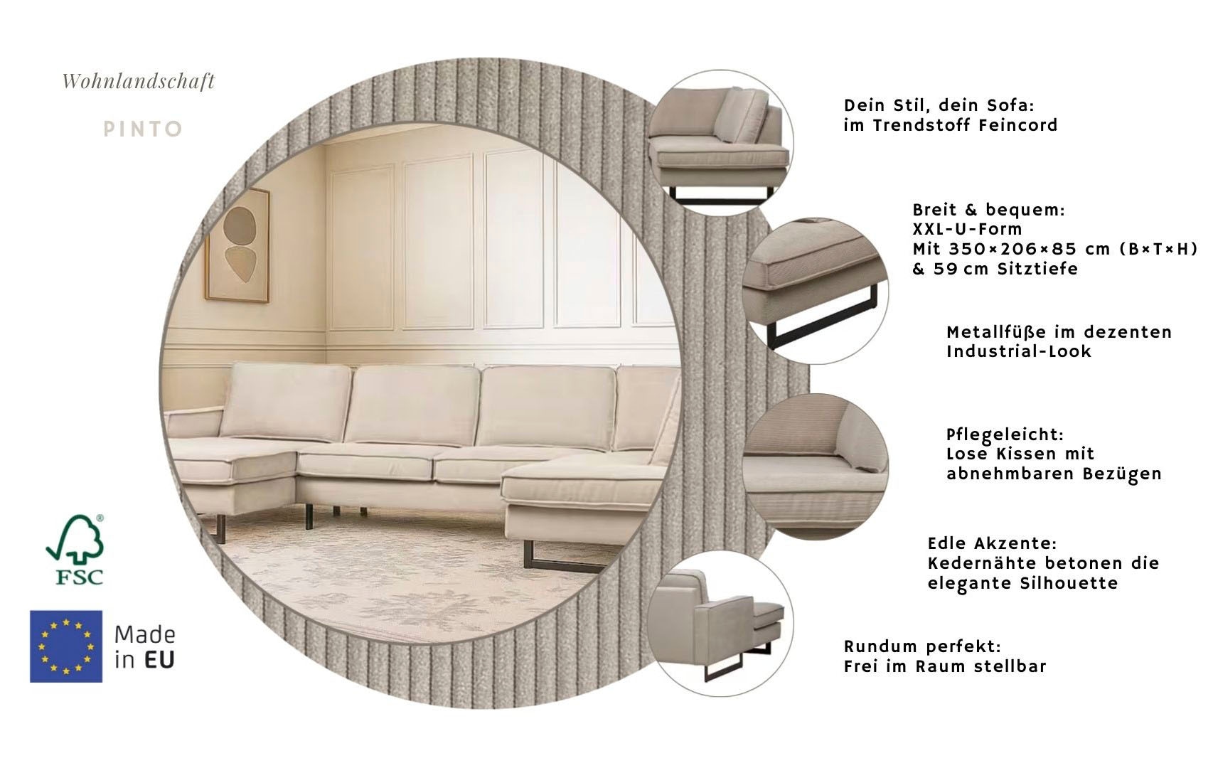 Home affaire Wohnlandschaft »Pinto, 350 cm, U-Form, XXL, mit Ottomanen« Cord, Chenille, Lederoptik, mit Keder, Metallfüße, Wellenunterfederung
