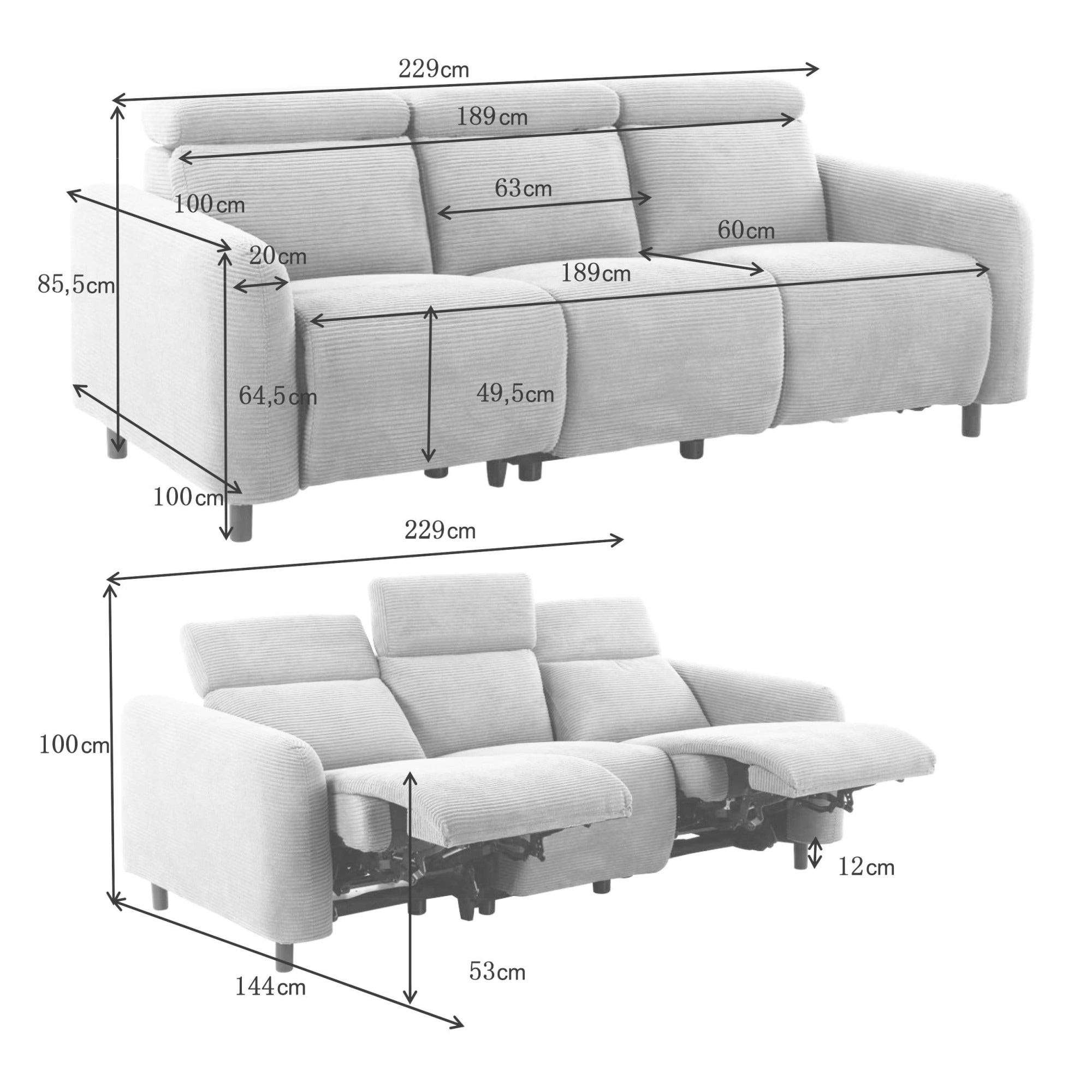 Home affaire 3-Sitzer »SKAANE Struktur-Sofa, 229 cm, manuelle-u. elektrische Relaxfunktion«, Relax-Funktion in 2 Sitzen, Kopfteilverstellung, Federkernpolsterung