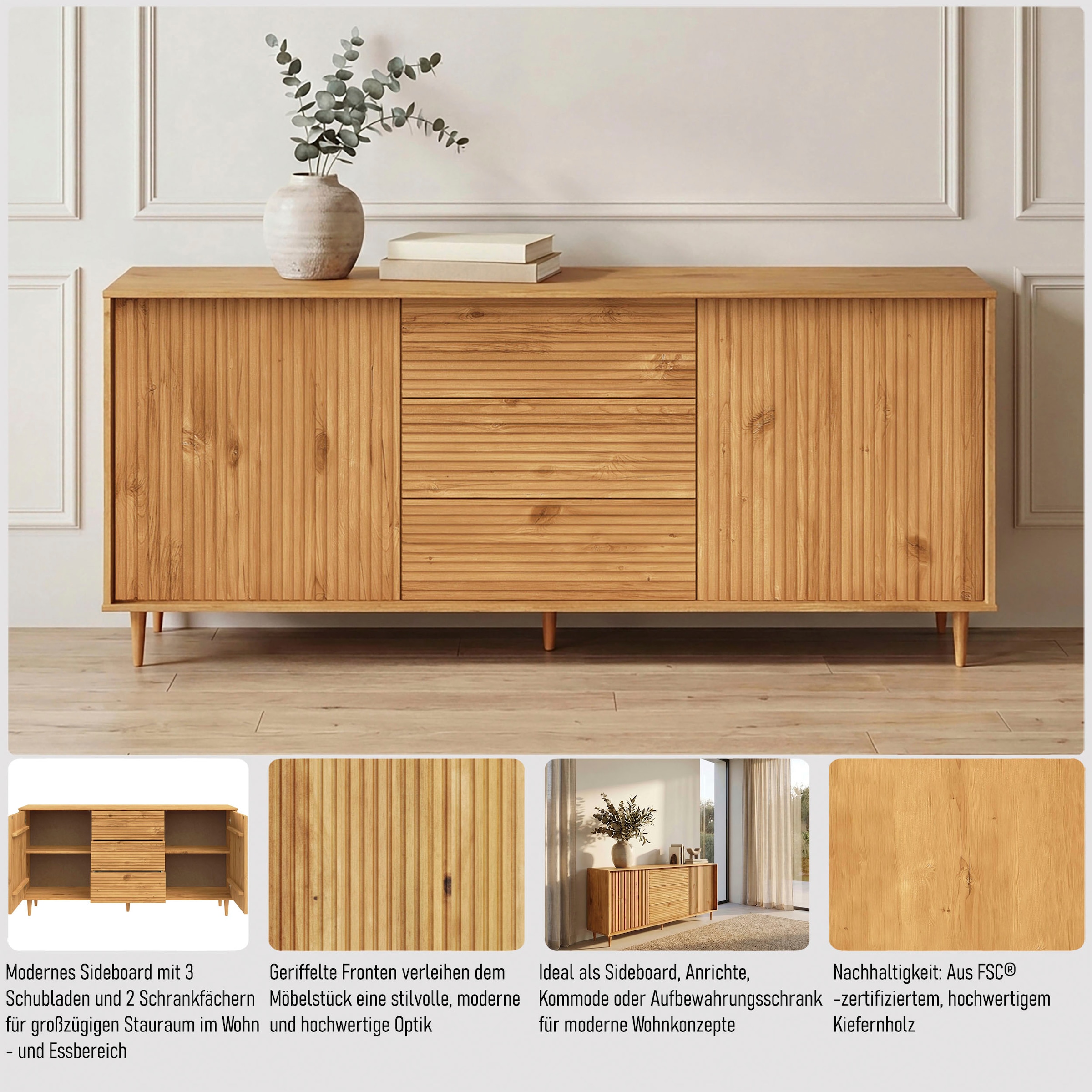 OTTO home Sideboard »Malmedy  Front mit gefrästen Rillen« Kommode aus massivem Kiefernholz, Push-to-open, Breite 160 cm