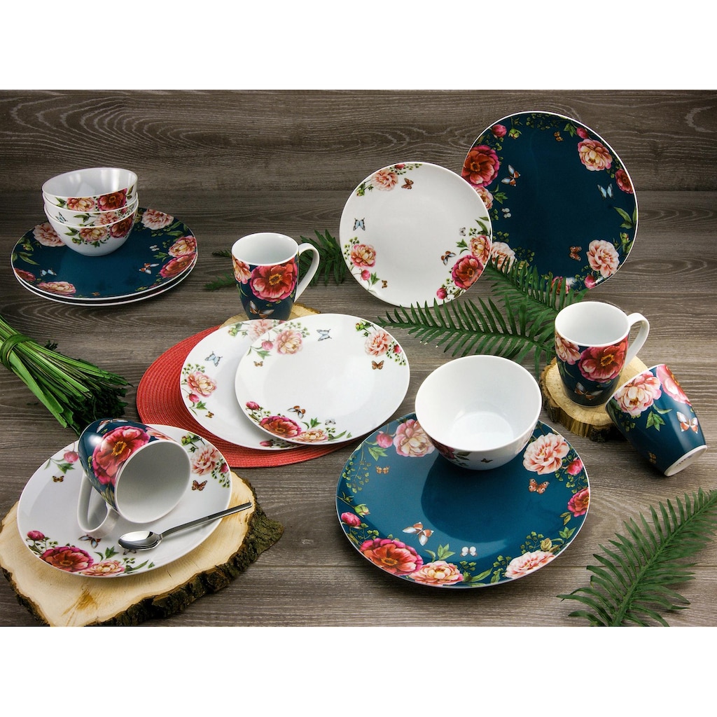 CreaTable Kombiservice »Geschirr-Set Enjoy Roses«, (Set, 16 tlg., Kaffeeservice und Tafelservice im Set, für 4 Personen)