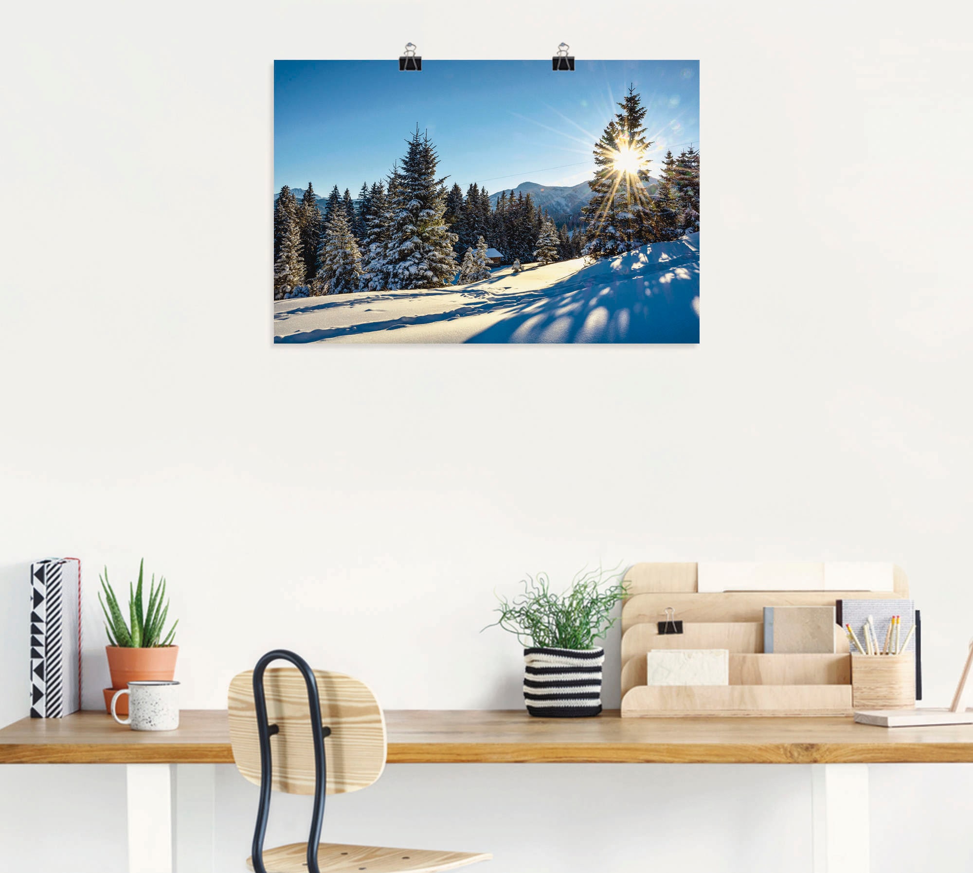 Artland Poster »Winterlandschaft mit Sonnenstern«, Berge, (1 St.), als Alubild, Leinwandbild, Wandaufkleber oder Poster in versch. Größen