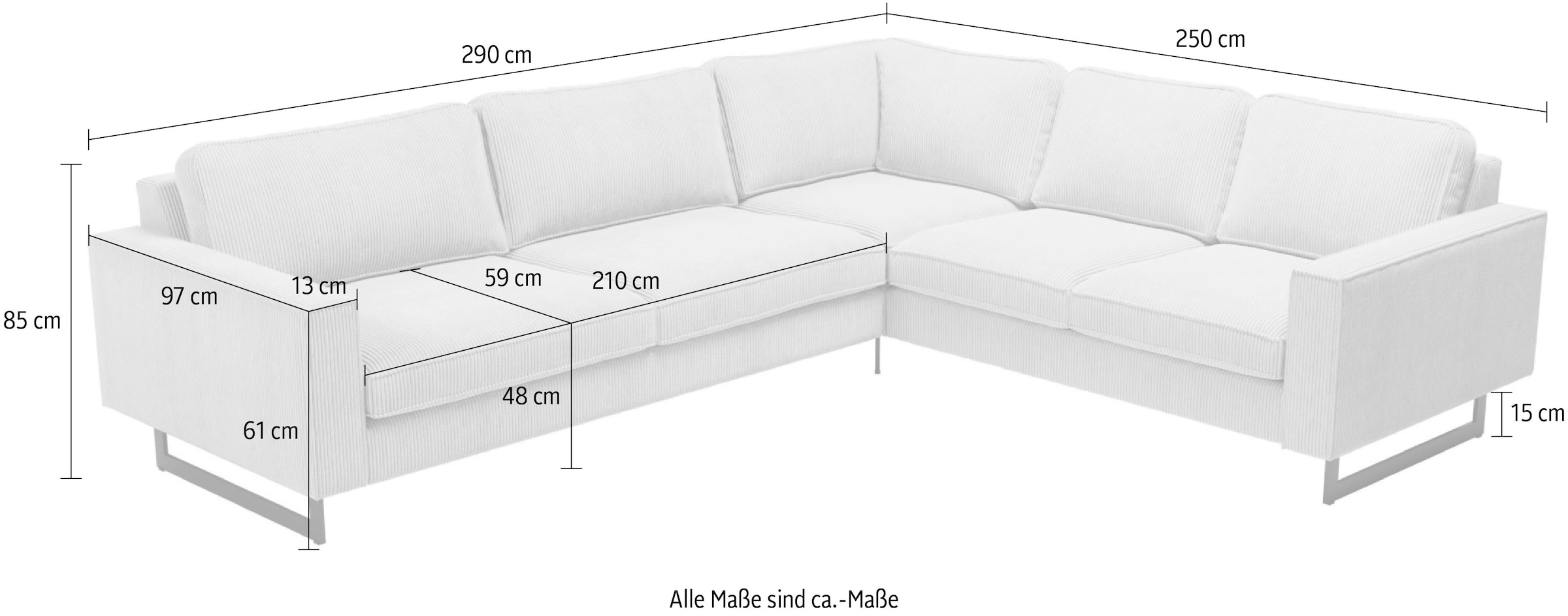 Places of Style Ecksofa »Pinto, 250/290 cm, langer Schenkel, XXL, Ottomane«, Cord, Feincord, Luxus-Microfaser Leder und Chenille