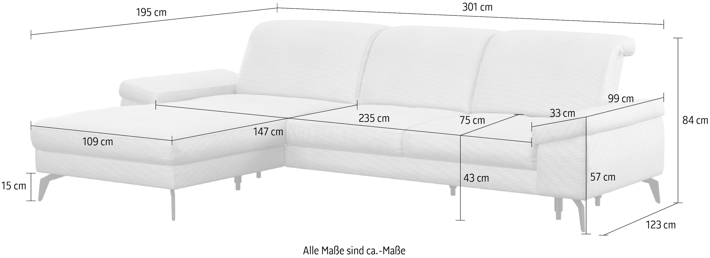 sit&more Ecksofa »Cabana L-Form« Recamiere, wahlweise mit Sitztiefen-, Armlehnen- und Kopfteilfunktion