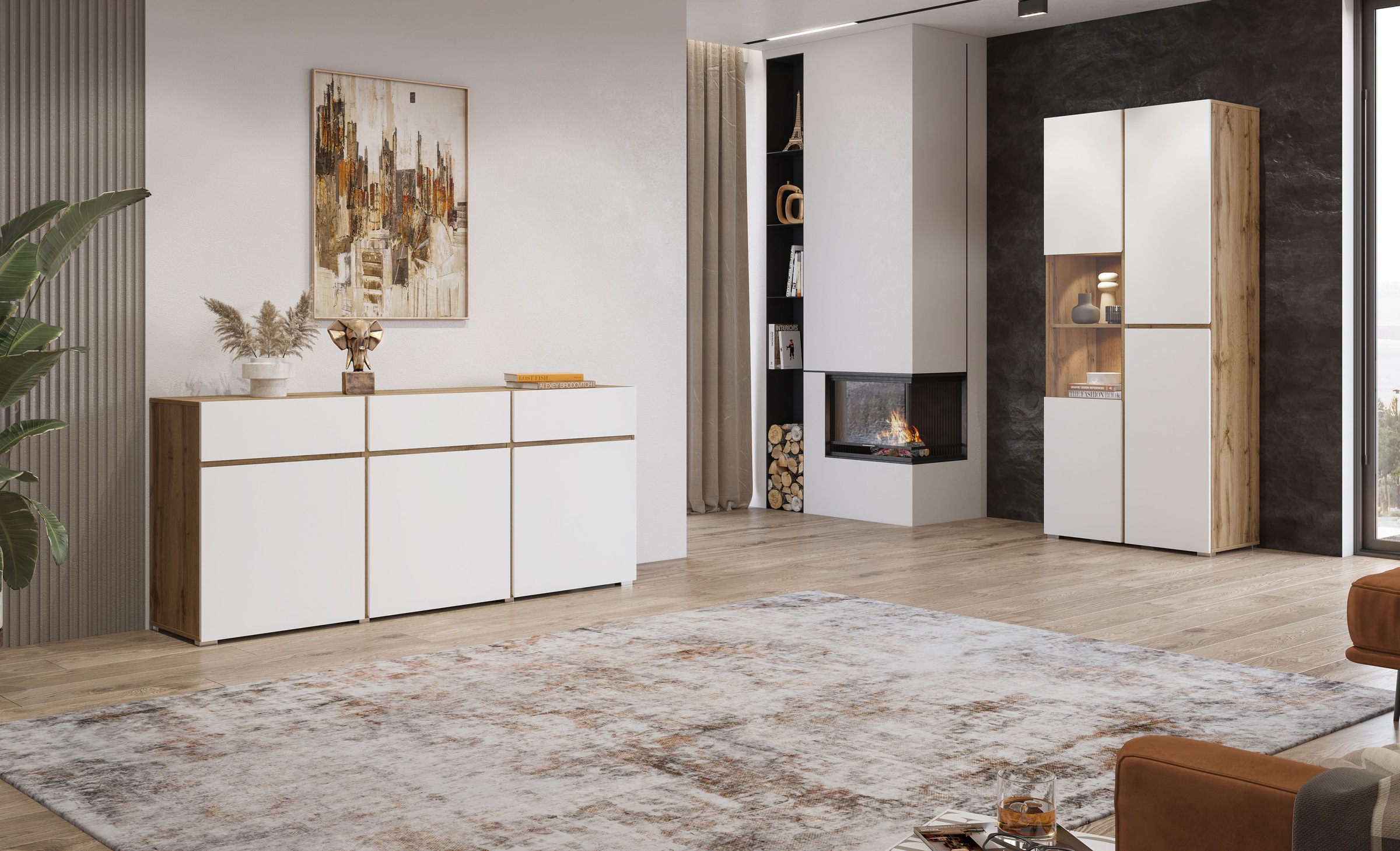INOSIGN Kommode »Cross,Breite 180 cm, moderne grifflose Kommode,3 Türen/3 Schubkästen«, Schubladenschrank mit viel Stauraum, Einlegeböden verstellbar