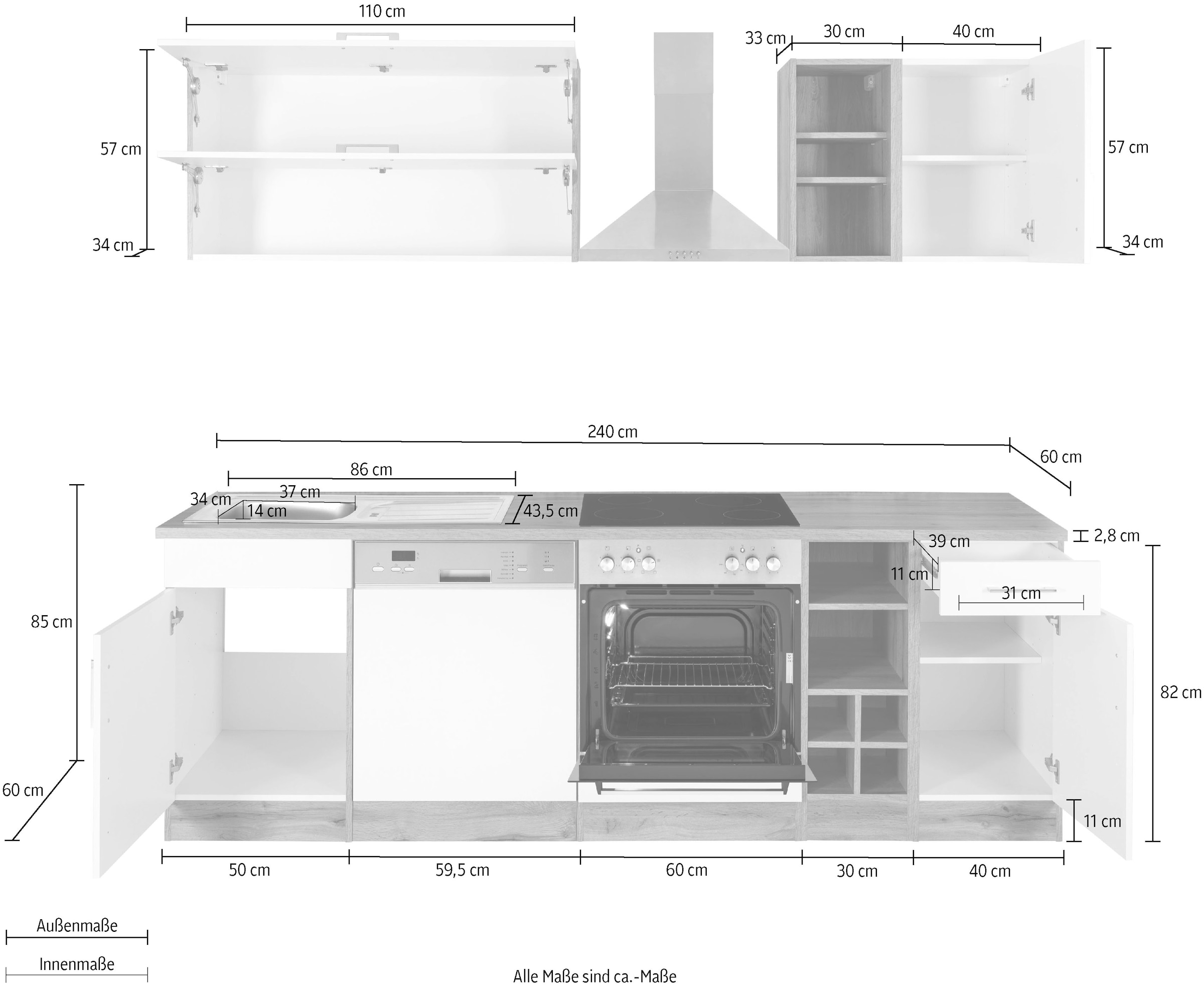 KOCHSTATION Küchenzeile »KS-Colmar«, ohne E-Geräte, Breite 240 cm