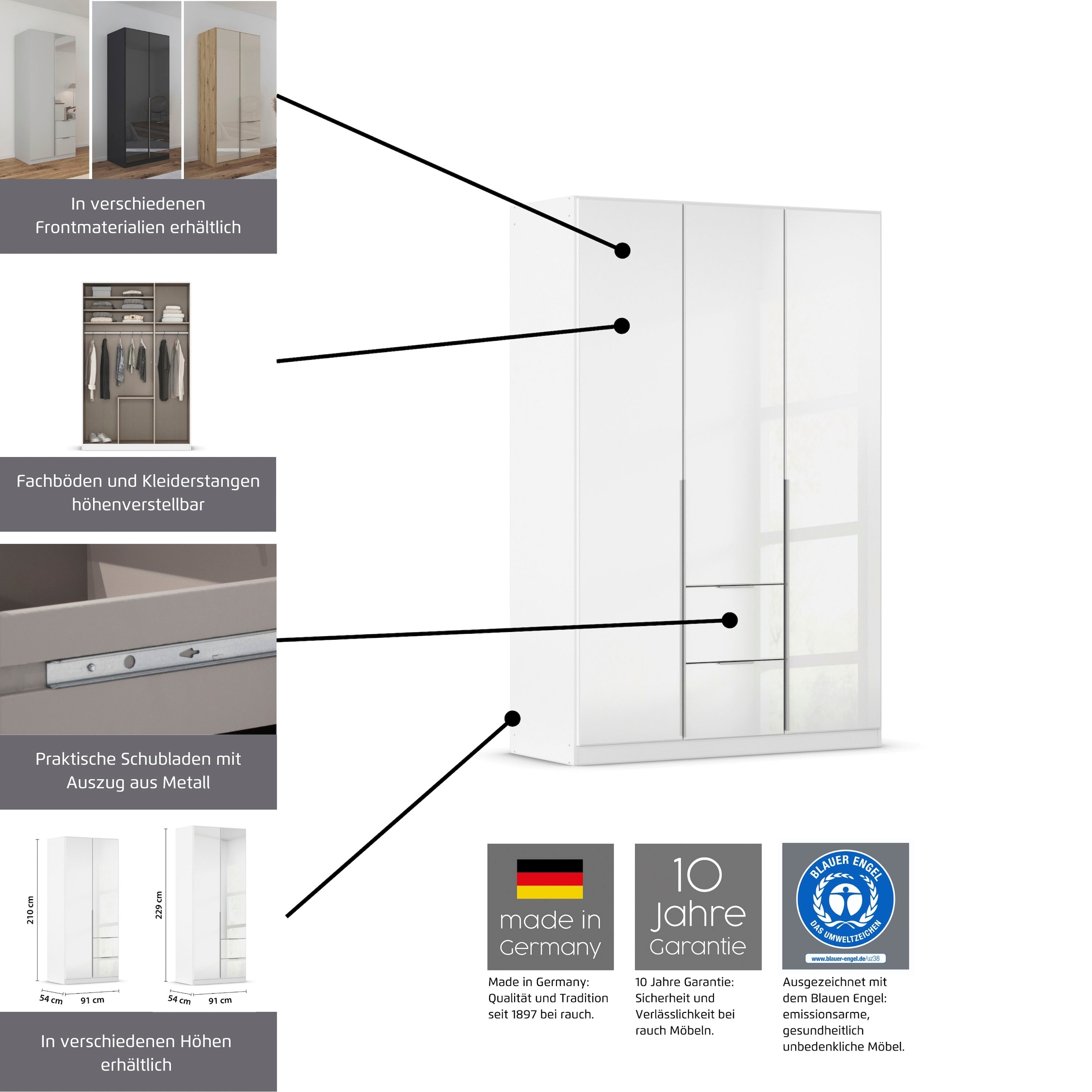 OTTO home Drehtürenschrank »Kleiderschrank Schrank Garderobe AGORDO mit Dekor- oder Hochglanzfront« in zwei Griff-Farben, Breite 360 cm,  mit Außenschubkästen, Serie in 7 Breiten und 2 Höhen MADE IN GERMANY