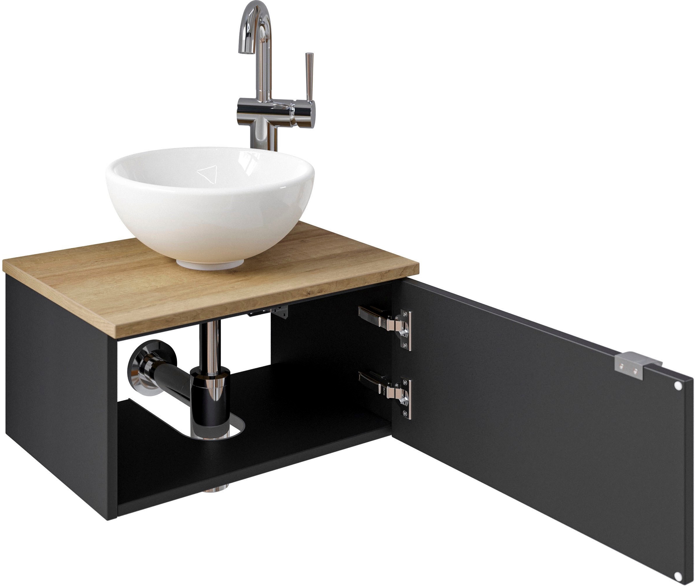 Saphir Waschtisch »Serie 6915 Waschschale mit Unterschrank für Gästebad, Gäste WC« Keramik-Aufsatzbecken, Waschtischplatte, Waschtischunterschrank, 3 Stk. tlg. 51 cm breit, 1 Tür, Waschtischplatte, kleine Bäder, ohne Armatur