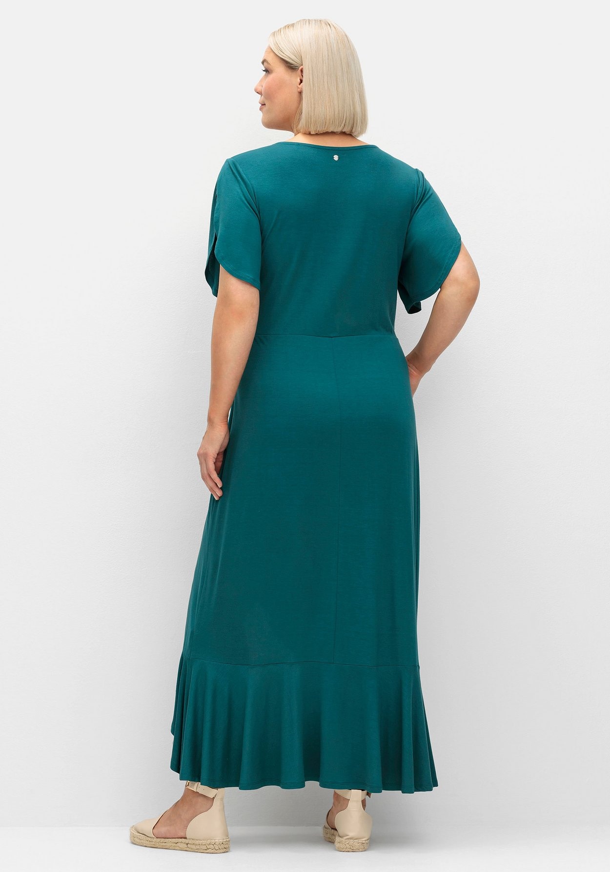 Sheego Jerseykleid »Langes Jerseykleid in Wickeloptik, mit Volantrock«