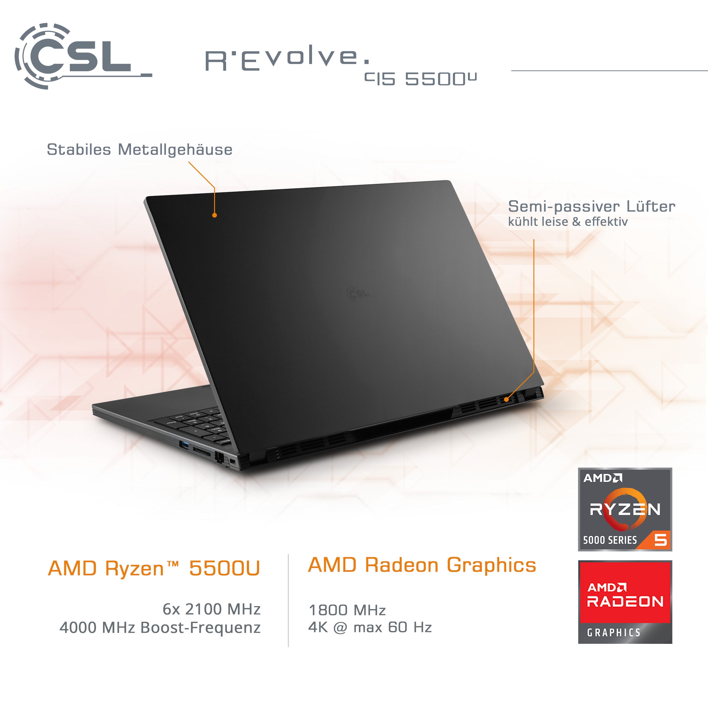 CSL Notebook »R'Evolve C15 5500U / 64GB / 2000GB / Windows 11 Home«, 39,6 cm, / 15,6 Zoll, AMD, Ryzen 5, Radeon Graphics, 2000 GB SSD