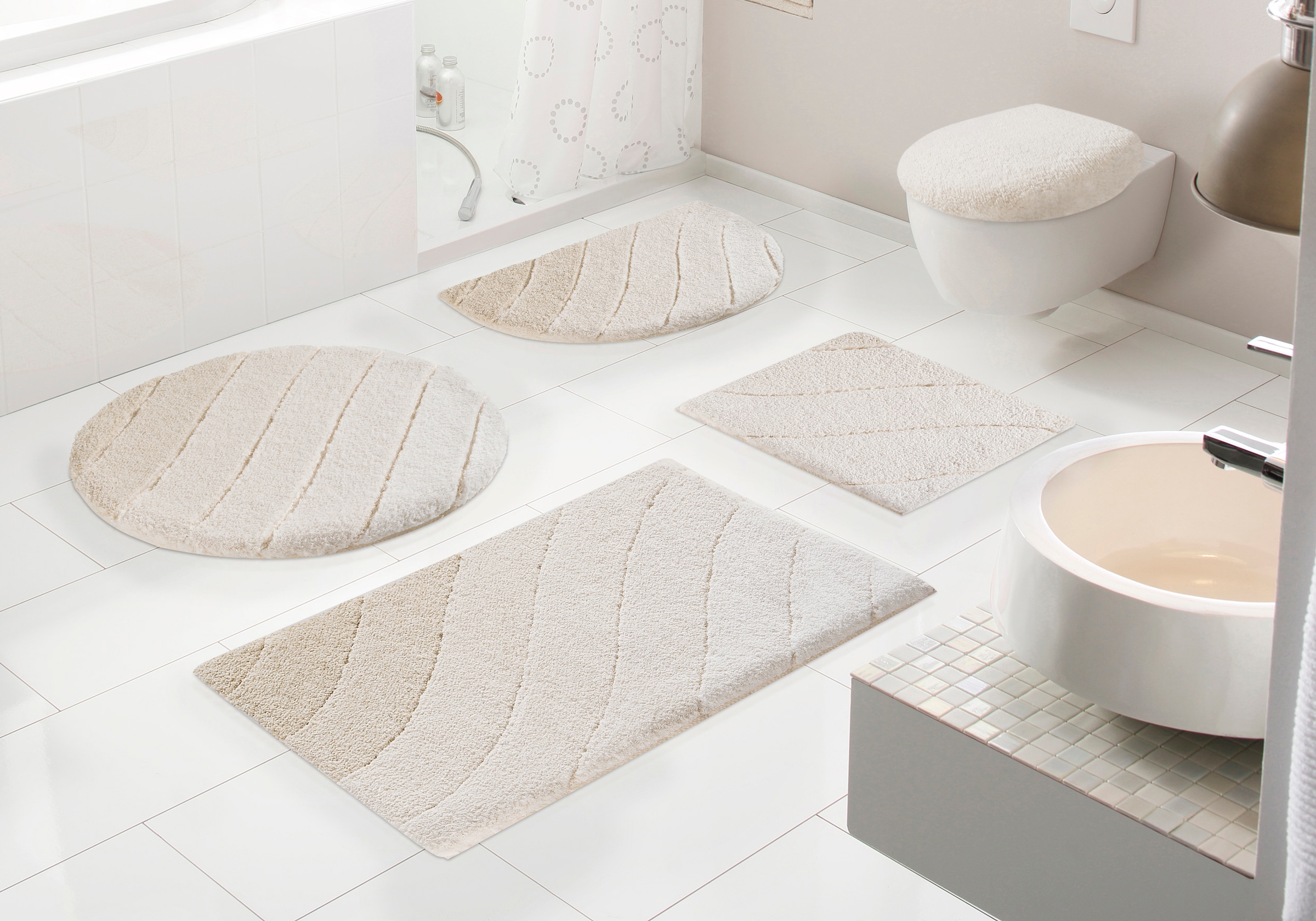 Kleine Wolke Badematte »Donna«, rutschhemmend beschichtet, fußbodenheizungsgeeignet-schnell trocknend, Wellen Design, Pastell, 3-tlg. Set, rechteckig & rund erhältlich