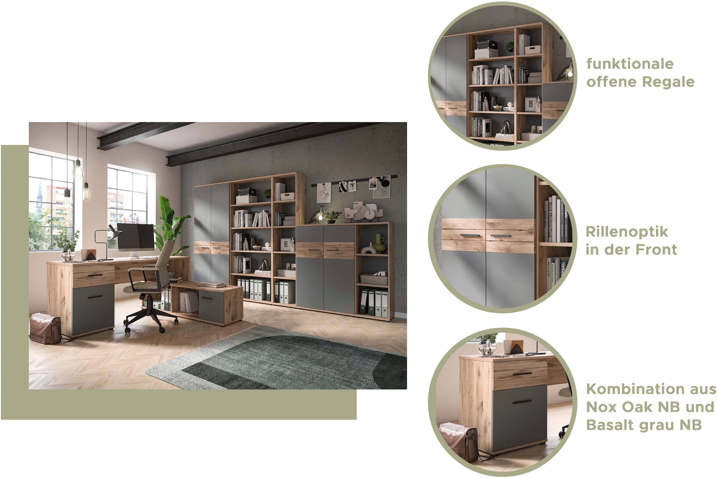 INOSIGN Eckschreibtisch »Riga, Breite 170cm, in Nox Oak Nachbildung und Basalt grau«, Bürotisch, Schreibtisch, Ecktisch, Arbeitszimmer, Computertisch